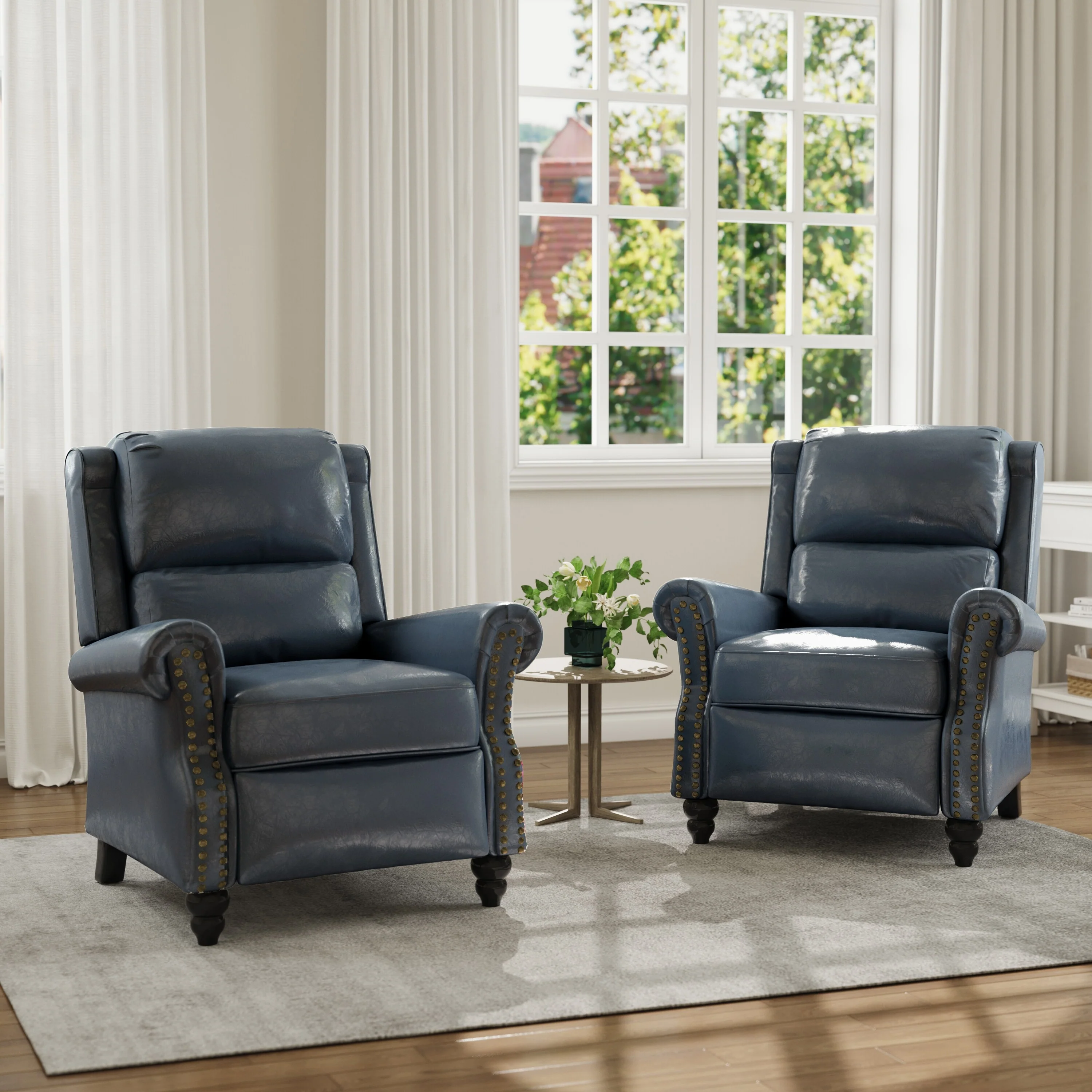 Mid-Century Nailhead PU Leather Linen Recliner