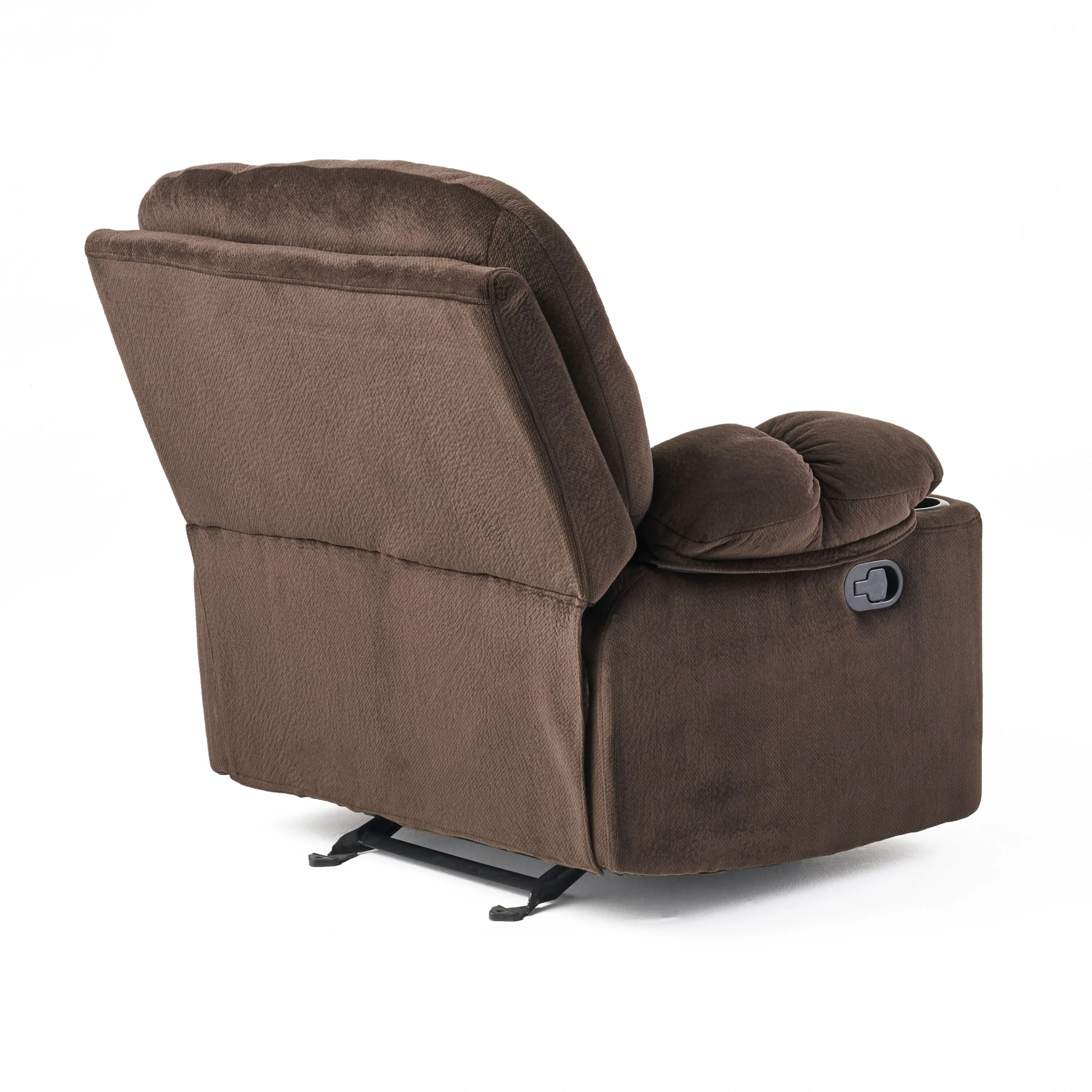 Brown Fabric Manual Recliner with Dual Cup Holders and Generous Dimensions