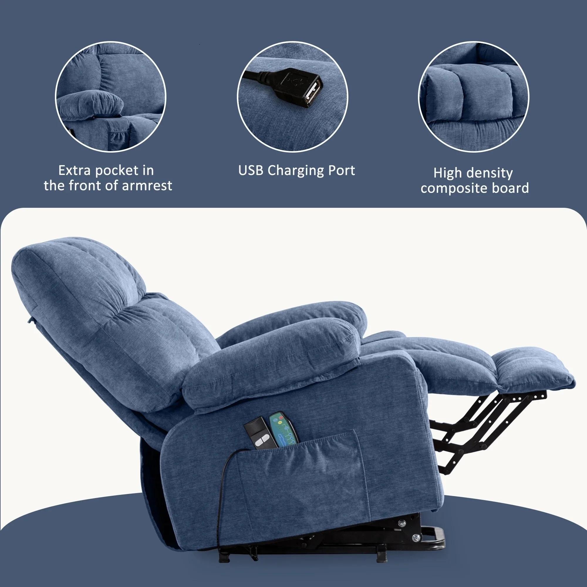Blue Power Lift Recliner Chair with Heat, Massage, USB Charging, Side Pockets and Remote Control