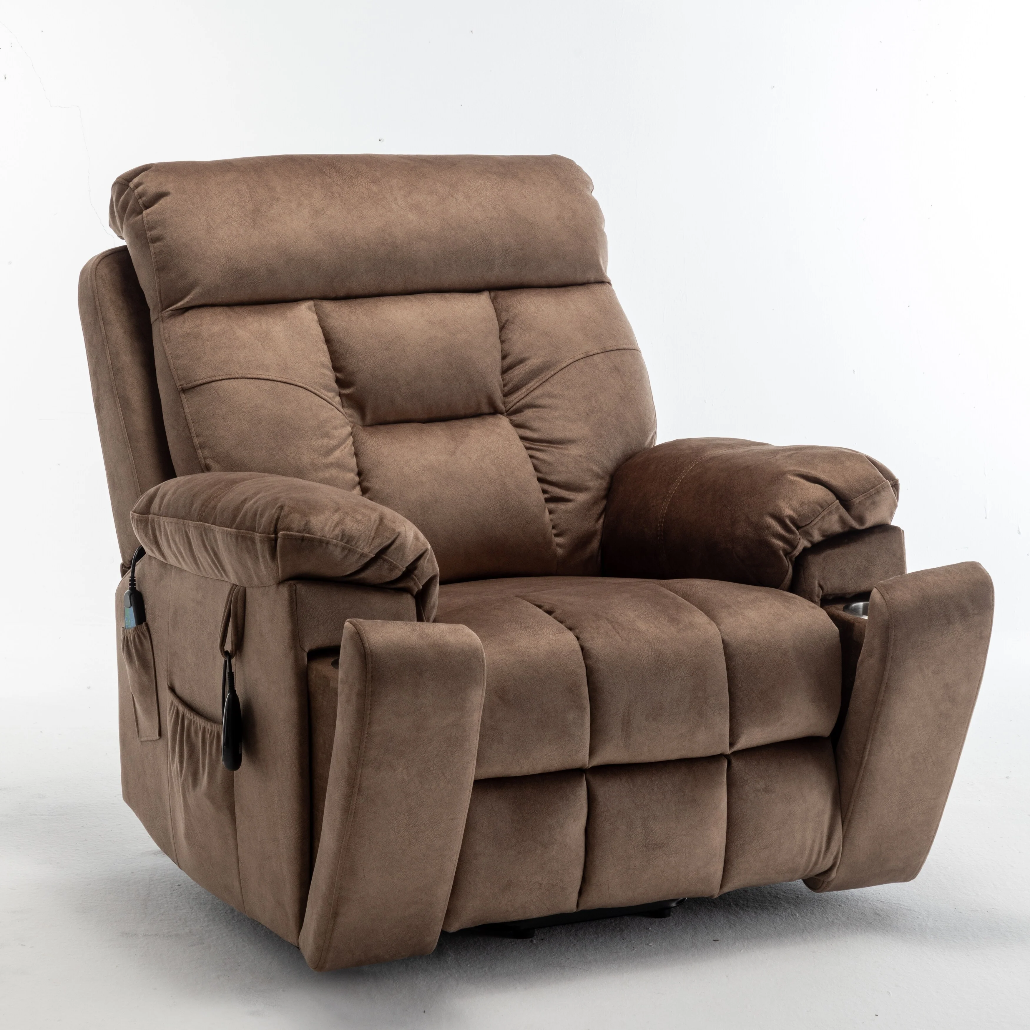 Brown Power Lift Recliner with Massage, Lumbar Heating, Silent German Motor, Luxurious Goose Down Fabric, and Cup Holders