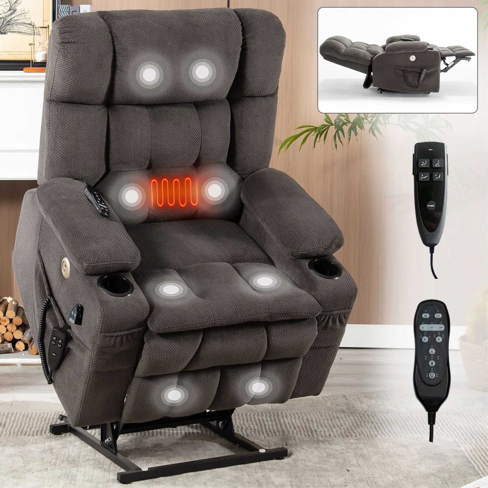 Polyester Dual?Motor Recliner Chair with Massage, Heat & Cup Holders