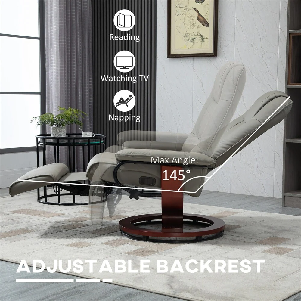 Swivel Leather Manual Recliner with Armrest and Extendable Footrest