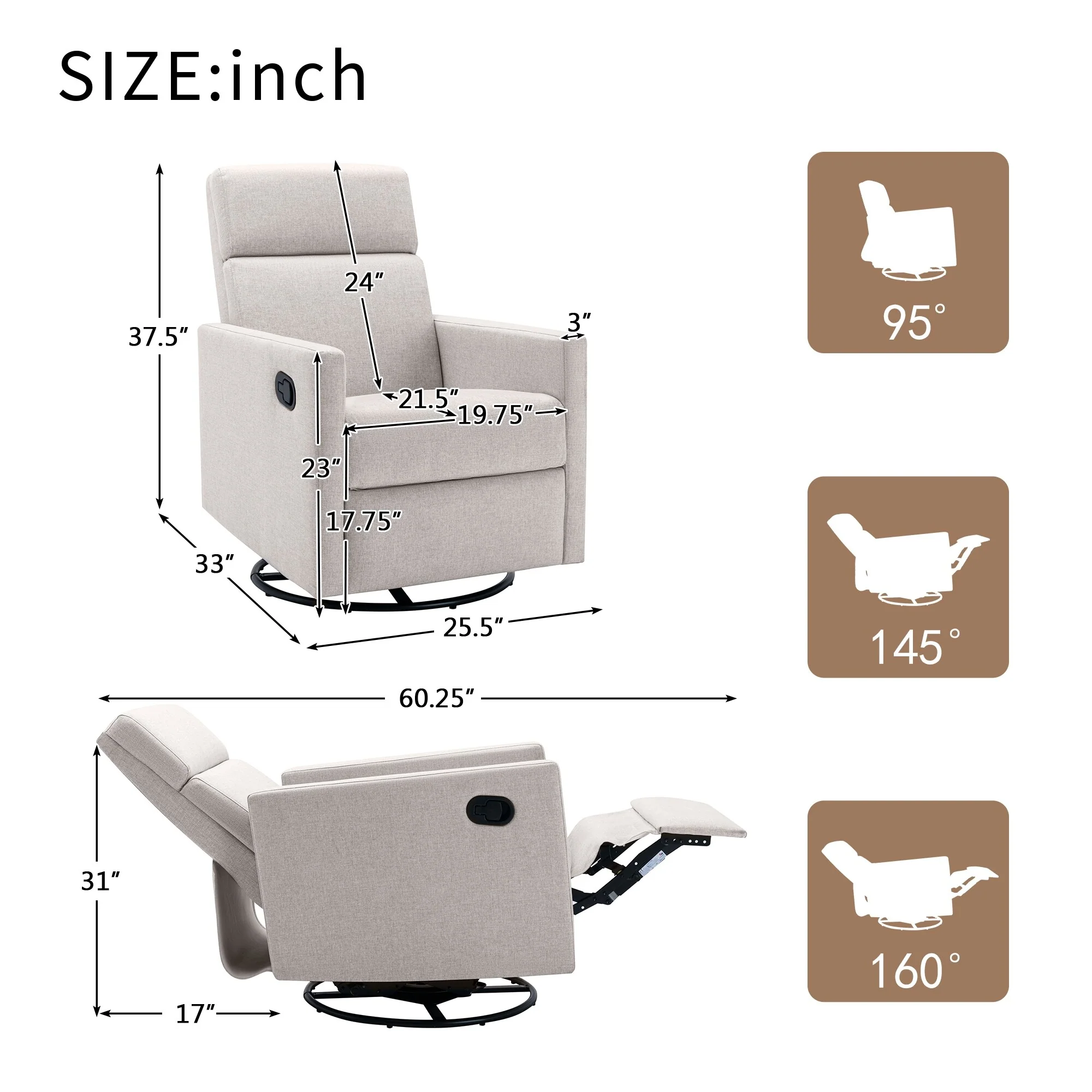 Roomfitters Modern Upholstered Rocker Nursery Chair, Plush Seating Glider Swivel Recliner Chair