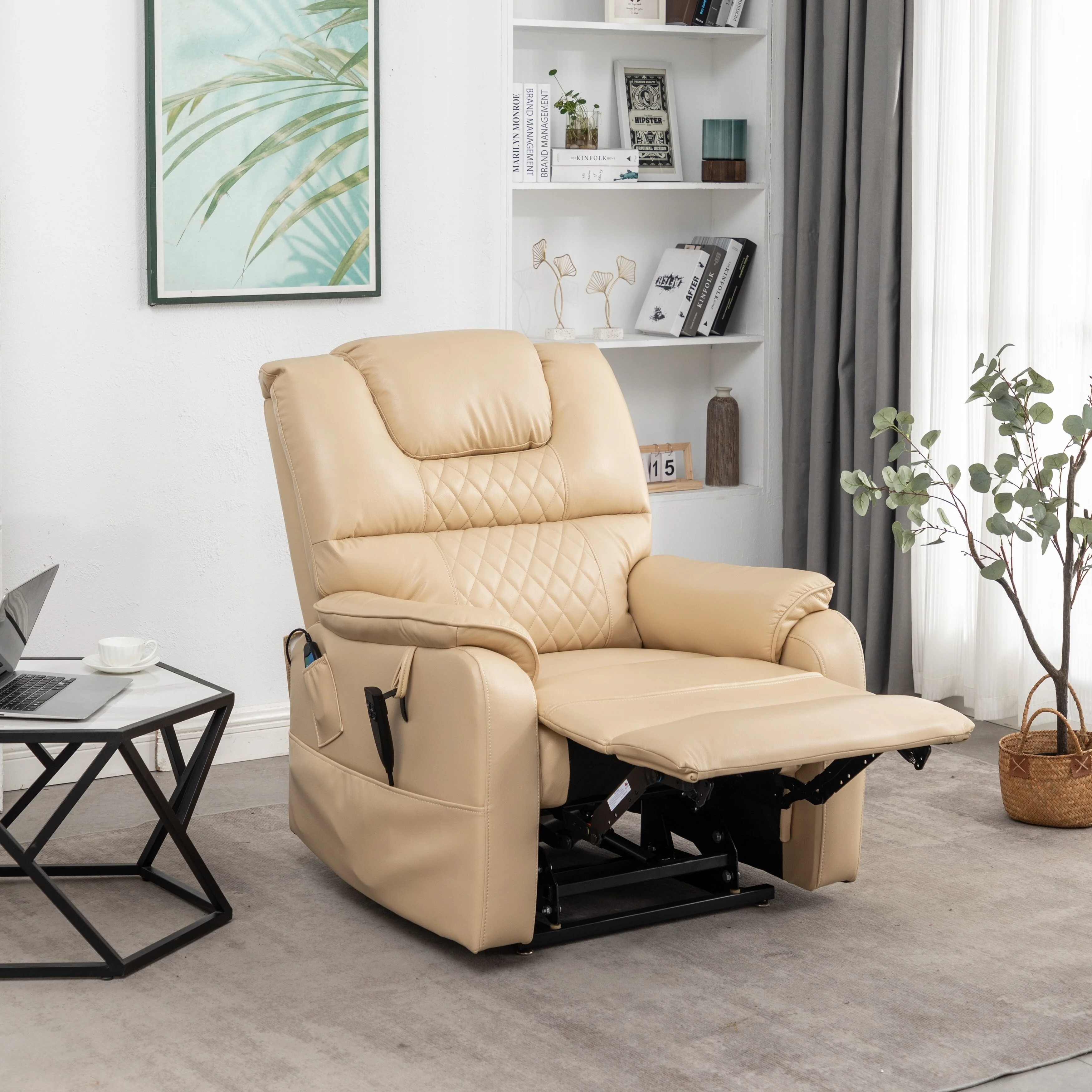 Beige PU Leather Power Lift Recliner, Massage, Flat Lay