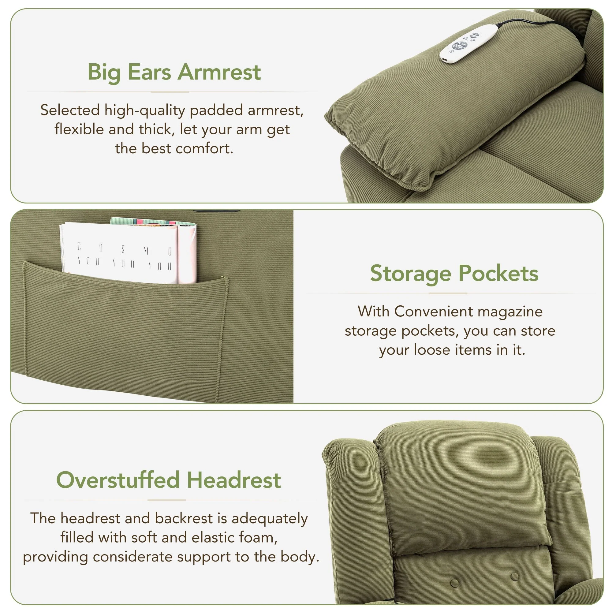 Beige Power Lift Recliner with Massage, Heating, Infinite Recline, Side Pockets, and Retractable Armrests
