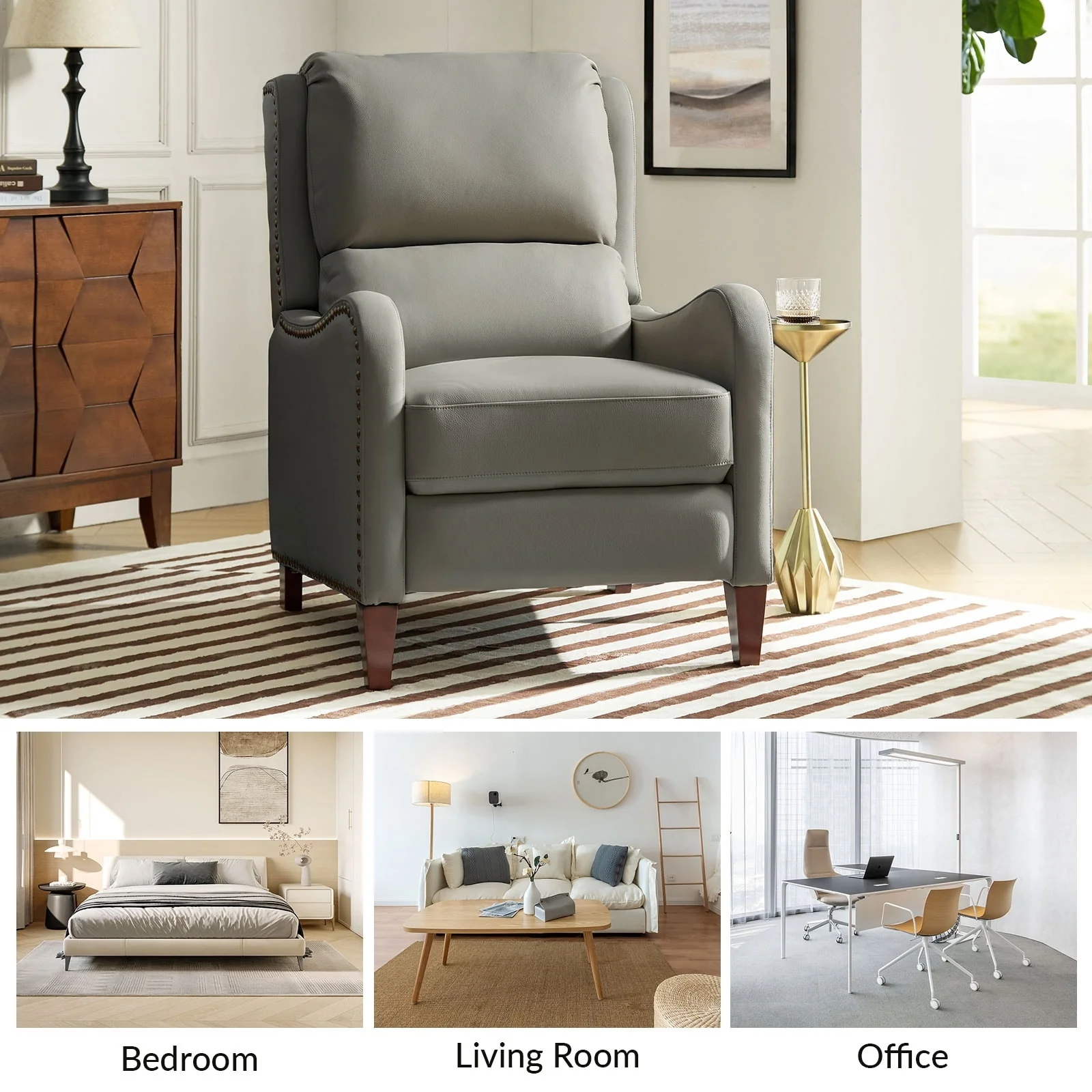 Brigida Modern Genuine Leather Nailhead Trim Recliner with Adjustable Footrest Set of 2 by HULALA HOME