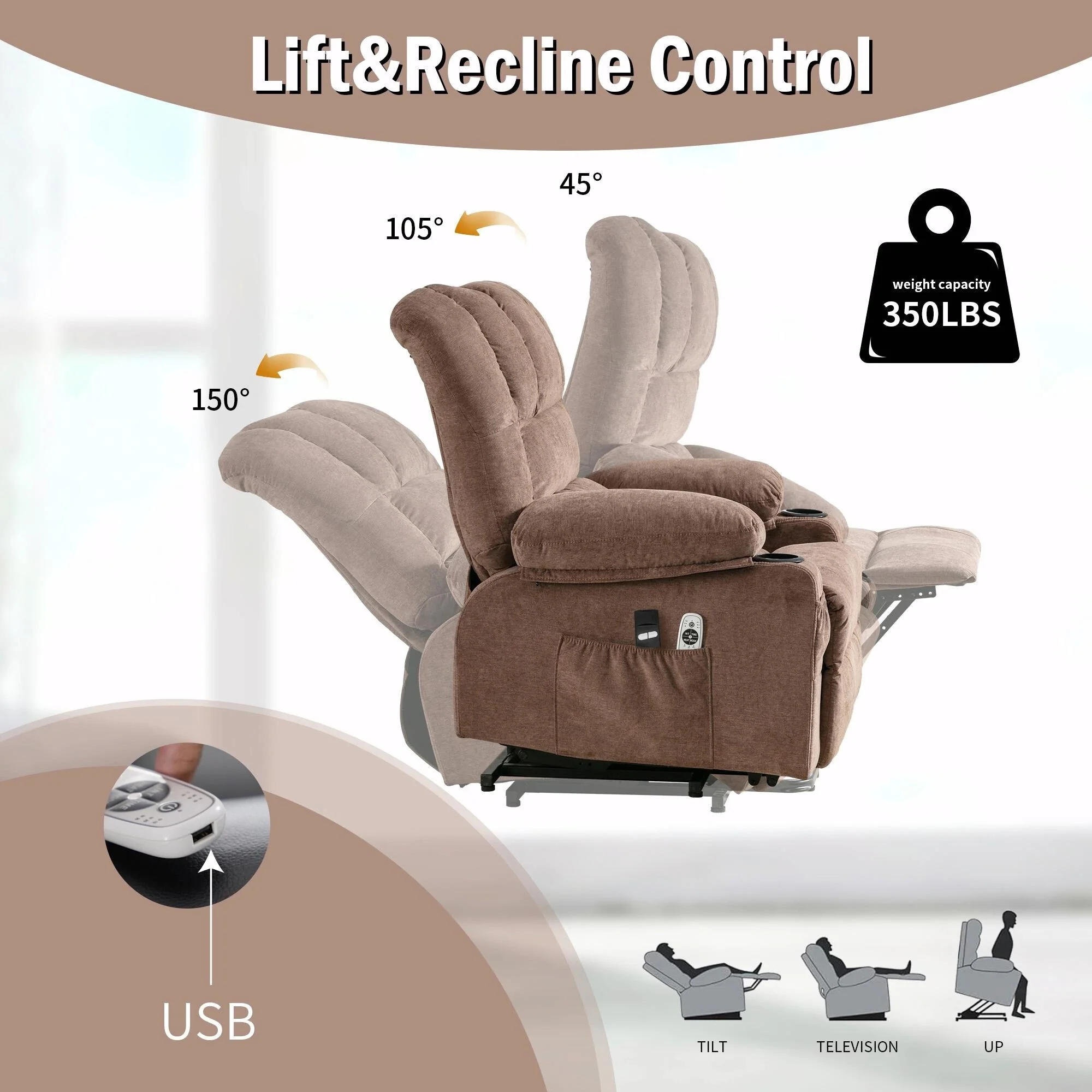 Power Electric Massage Lift Lounge Chair with Heating, Vibration Functions and USB