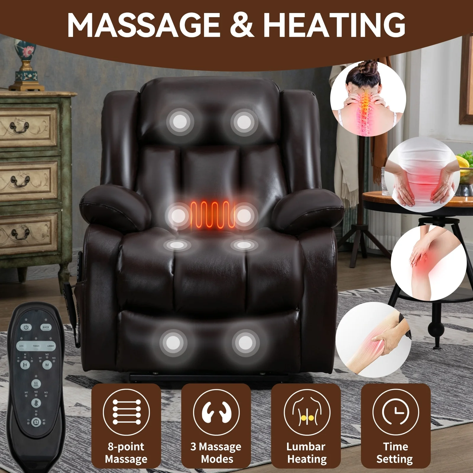 Faux Leather Power Lift Recliner with Massage & Lumbar Heating