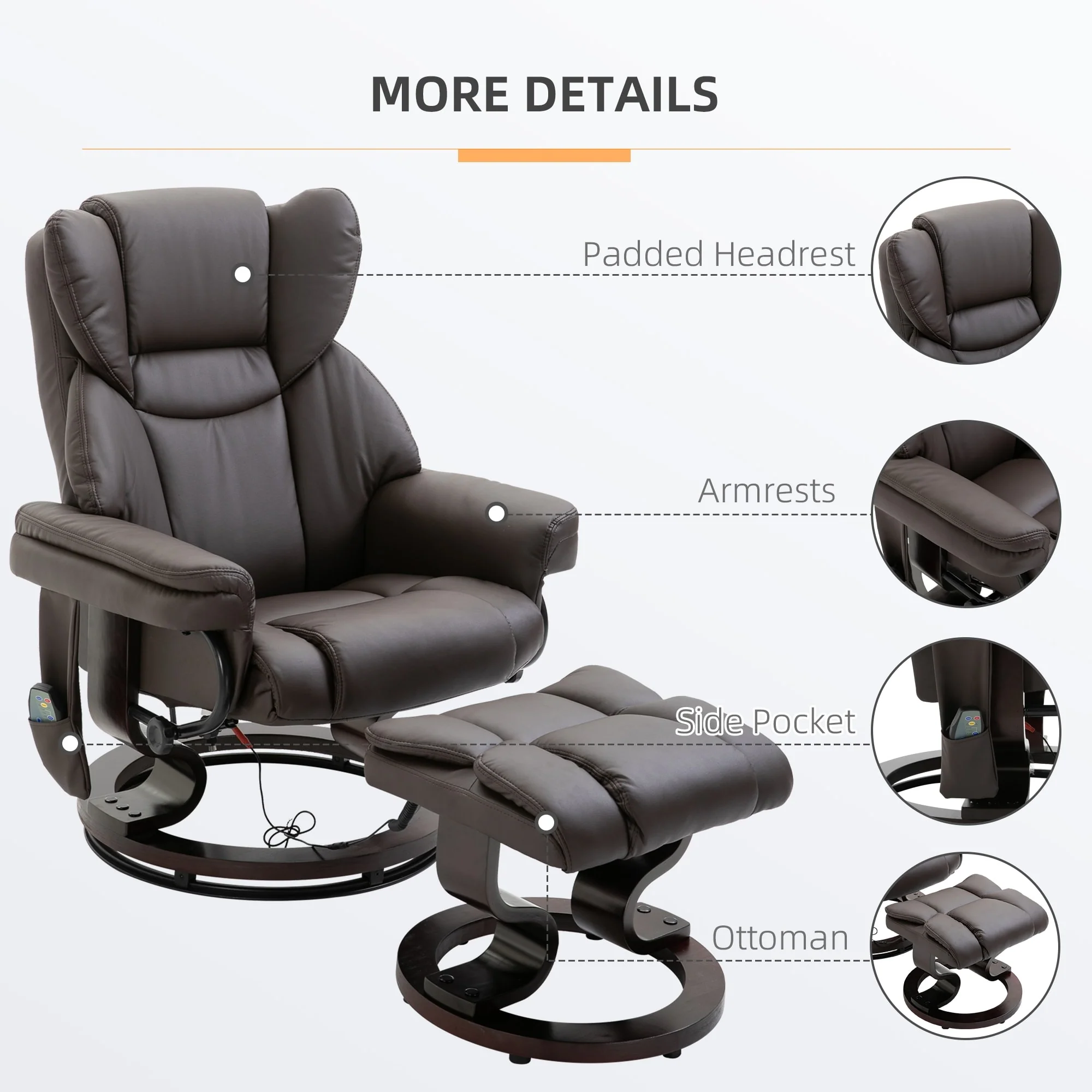 Small Faux Leather Recliner with Ottoman, 10-Zone Massage, 360�� Swivel, and Remote Control