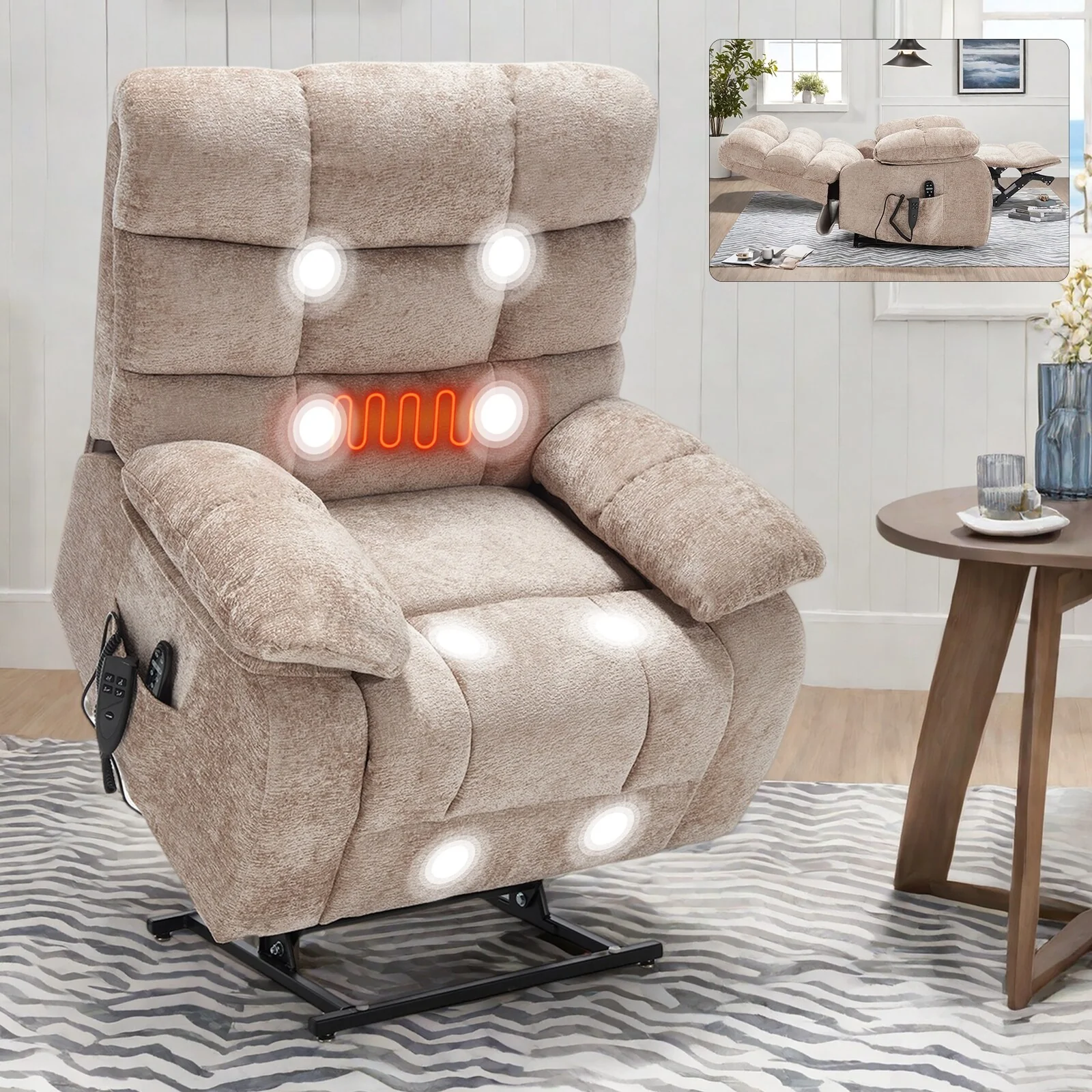 Chenille Dual Motor Infinite Position Power Lift Recliners, Oversized Reclining Chair with Heat Massage and Power-Remote