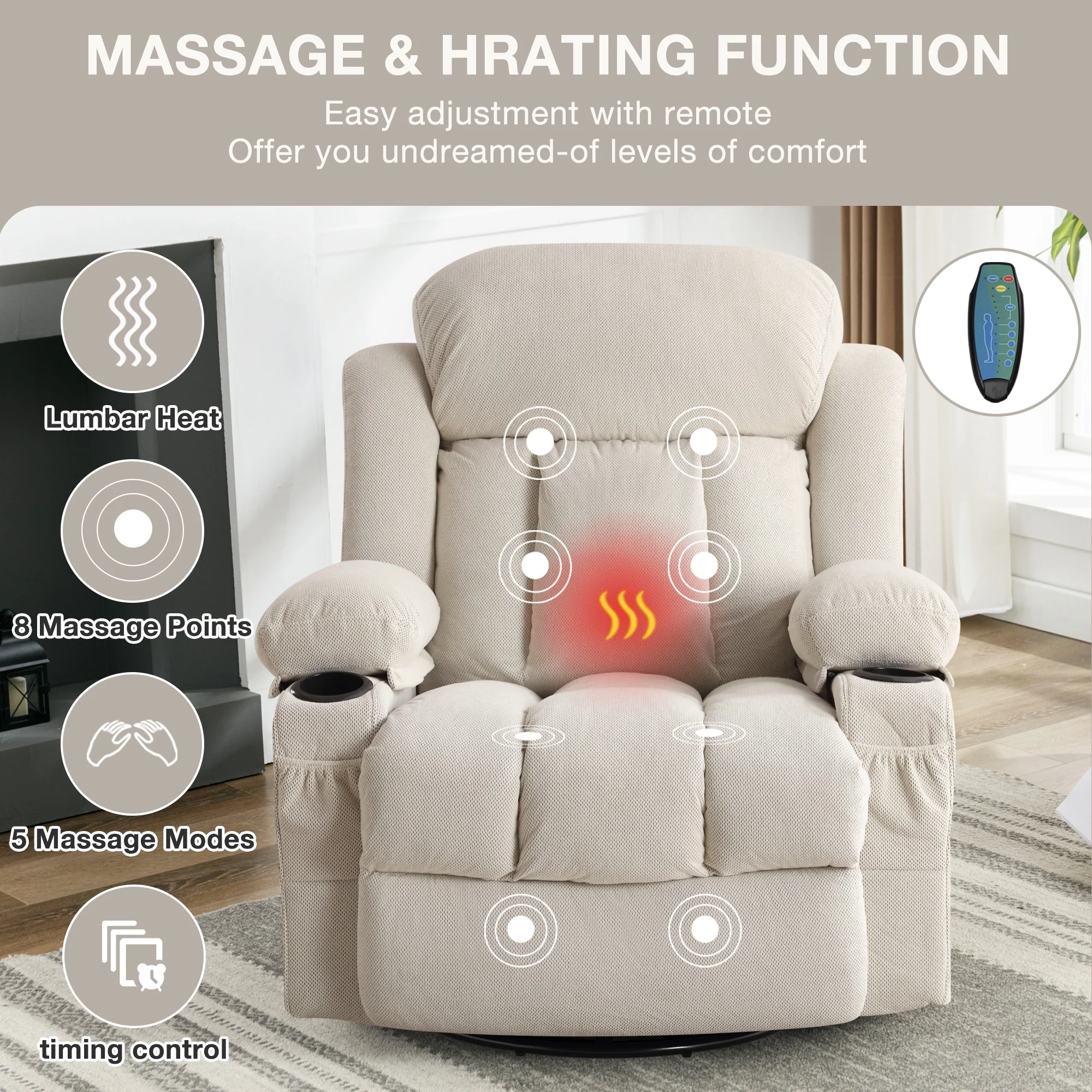 Swinging recliner massage heated sofa