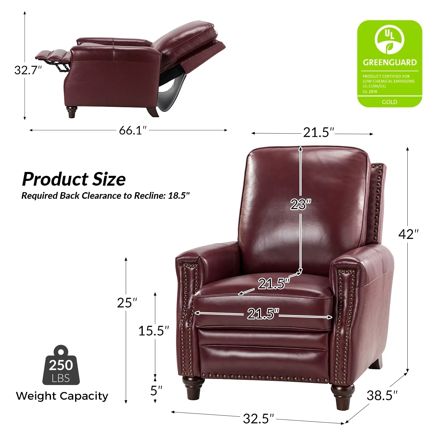 Cigar Mid-century Modern Genuine Leather Recliner with Nailhead Trim by HULALA HOME