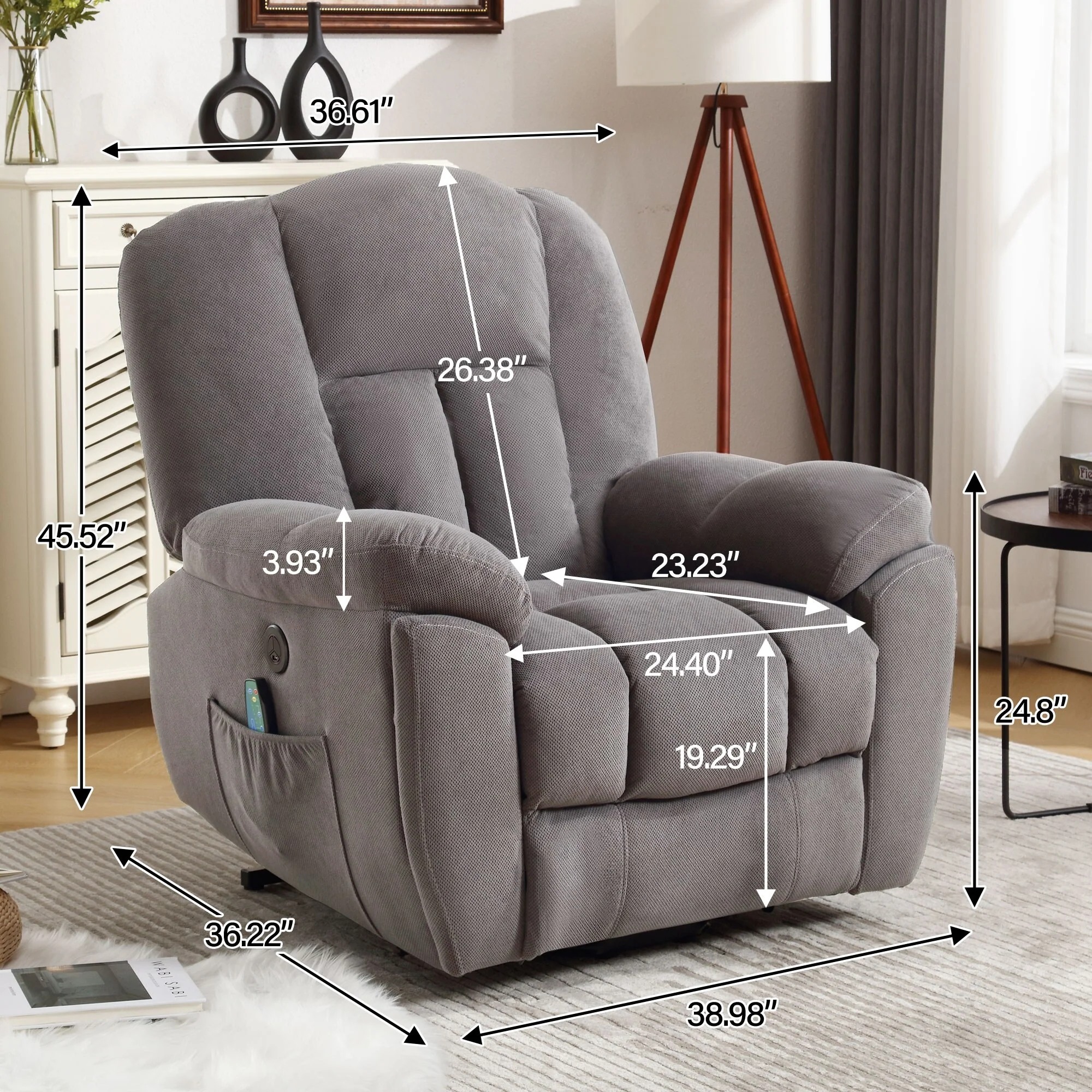 Grey Electric Power Lift Recliner Chair with Heat, Massage, Infinite Position, USB Charging, Side Pockets