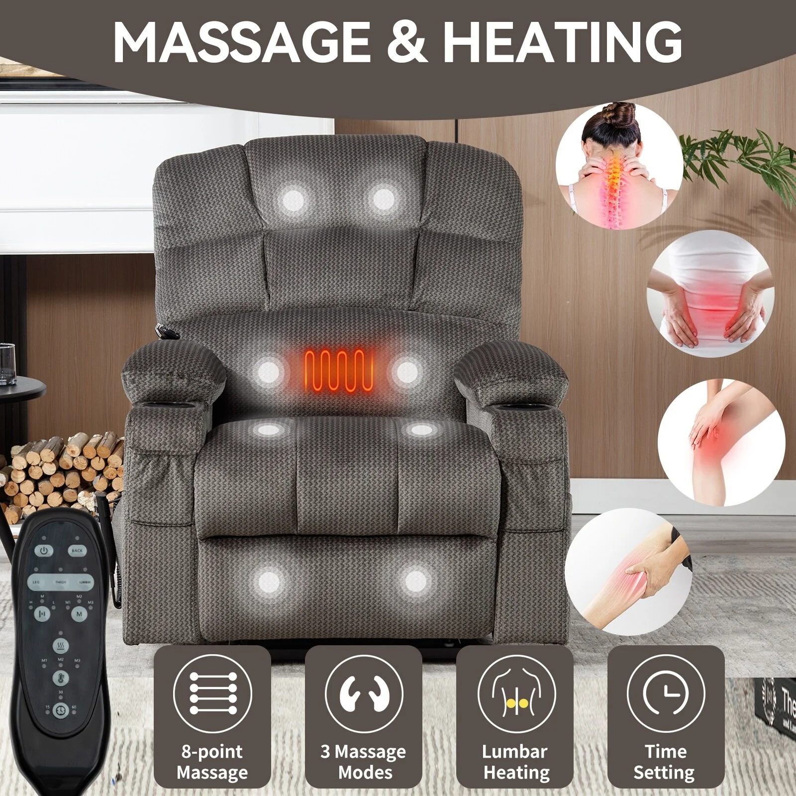 Chenille Power Lift Recliner with Massage, Heating & Cup Holders