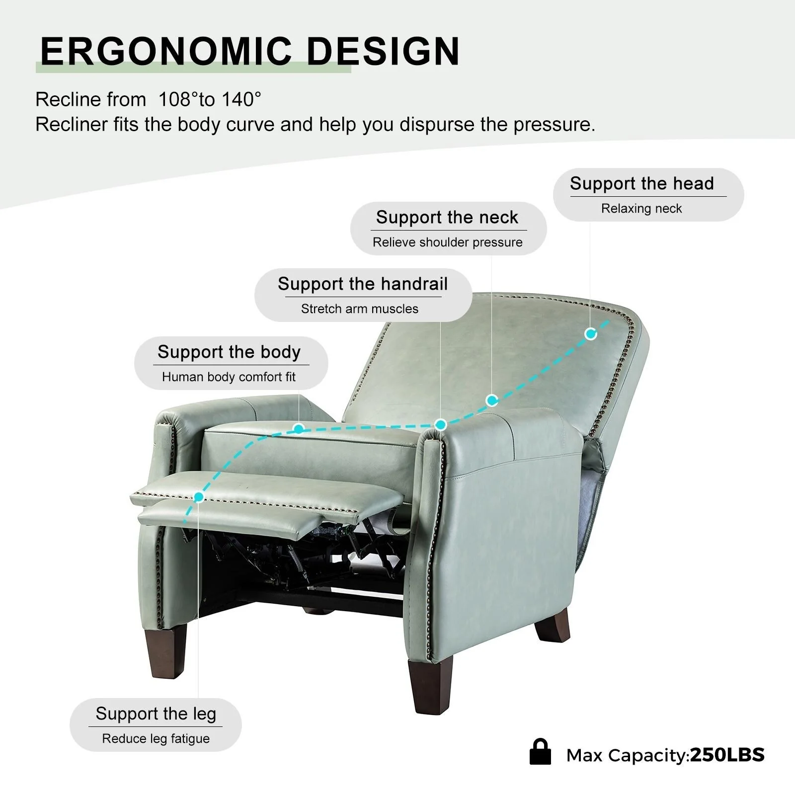 Gladis Modern Retro Genuine Leather Recliner with Nailhead Trim by HULALA HOME