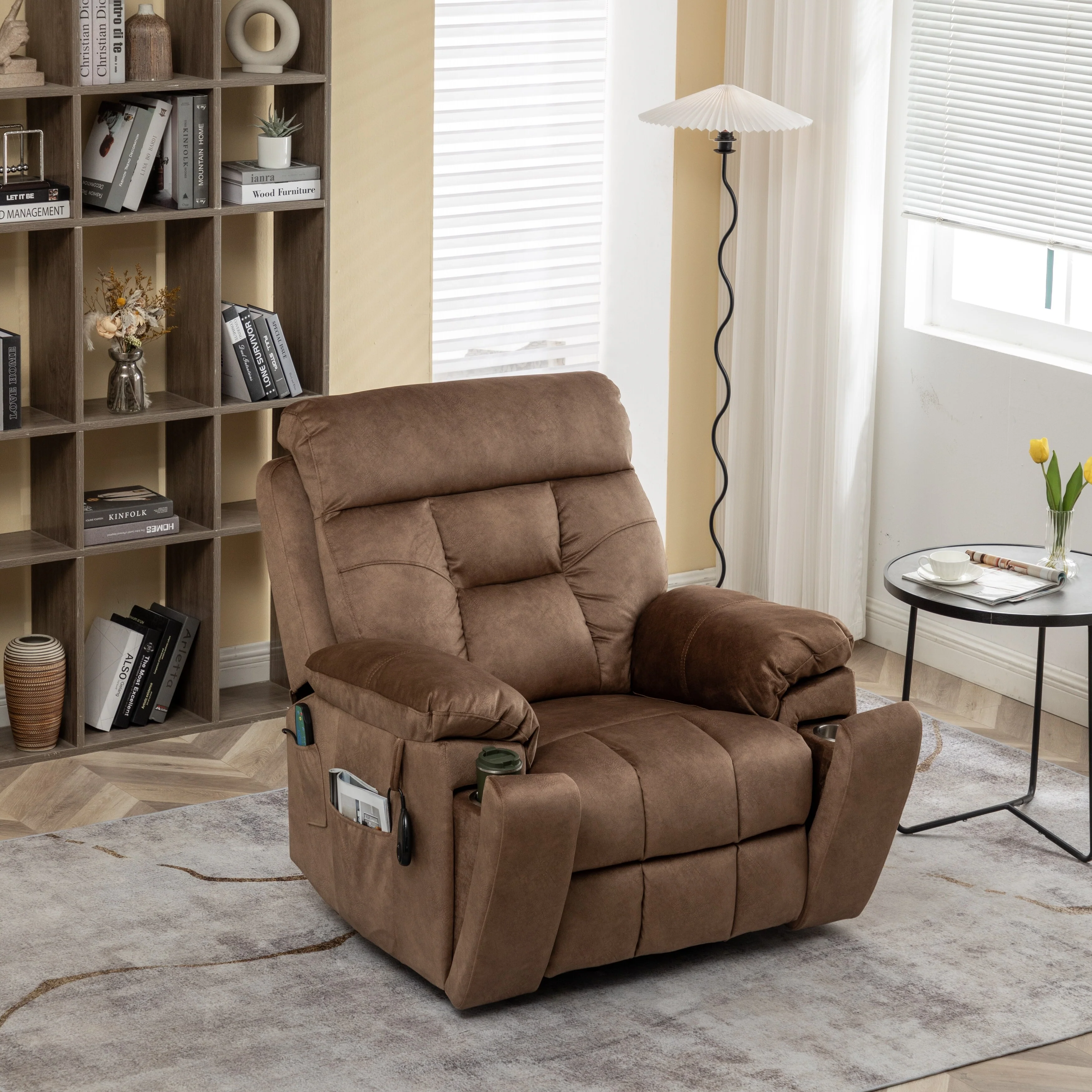 Brown Velvet Lift Recliner, Massage, Hidden Cup Holder, Pockets