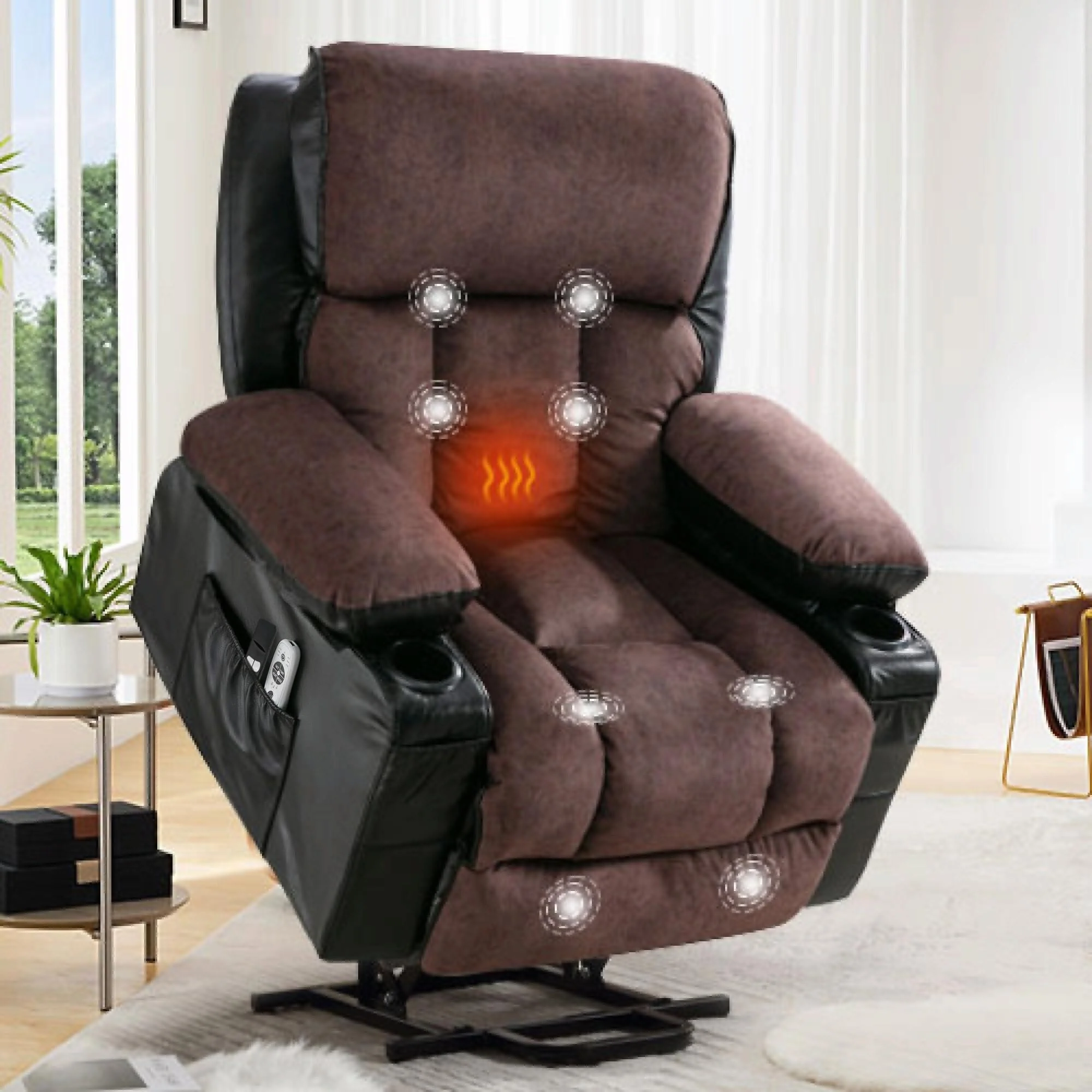 Power Electric Massage Lift Lounge Chair with Heating and Vibration Functions, Fleece Leather with USB