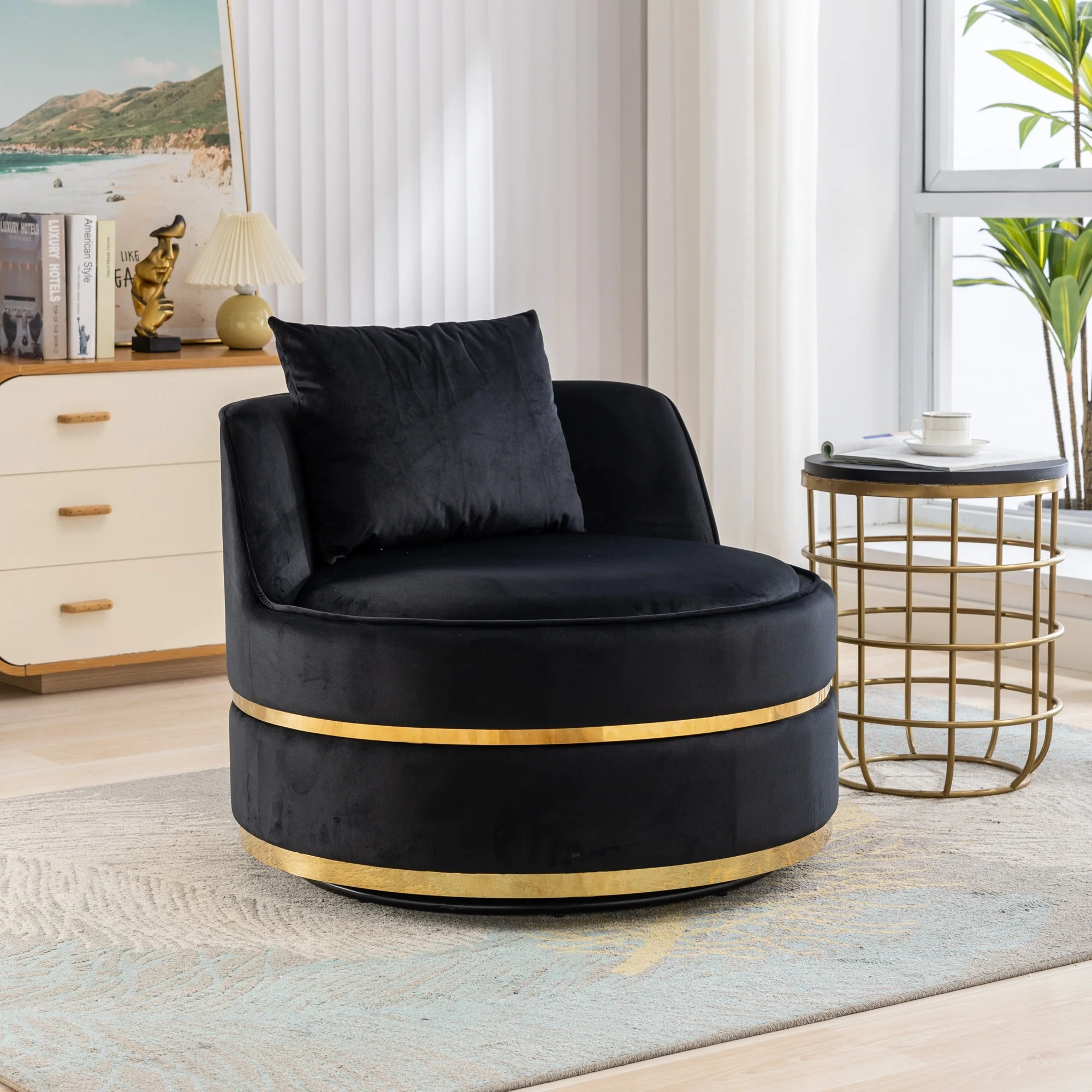 Velvet 360�� Swivel Accent Chair with Seat Cushion, Upholstered Barrel Chair with Stainless Steel Base Living Room Chair