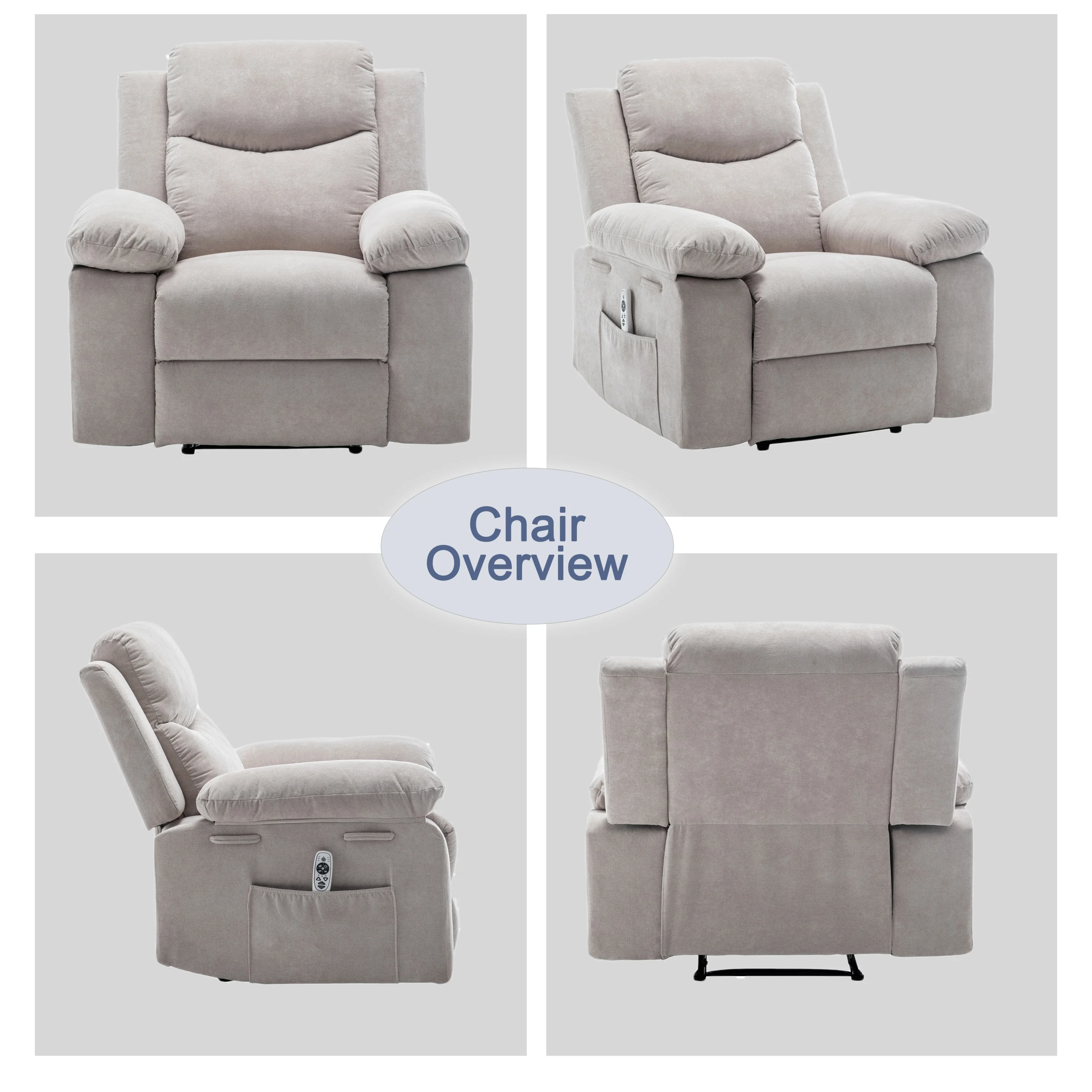 Velvet Adjustable Massage Function Power Recliner Chair with Heating System