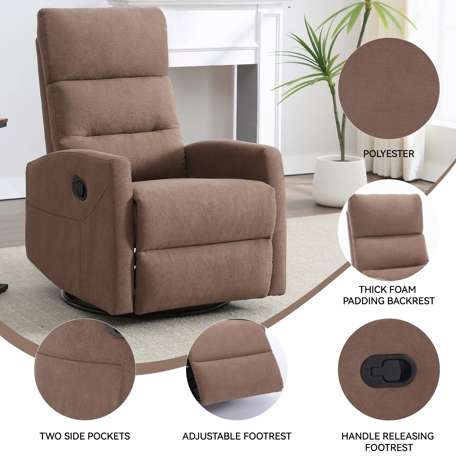 Manual Recliner Chair for Adults, 360�� Swivel Rocker Fabric Recliner w/Square Arms & Cushion Back, Nursery Chairs, for Bedroom