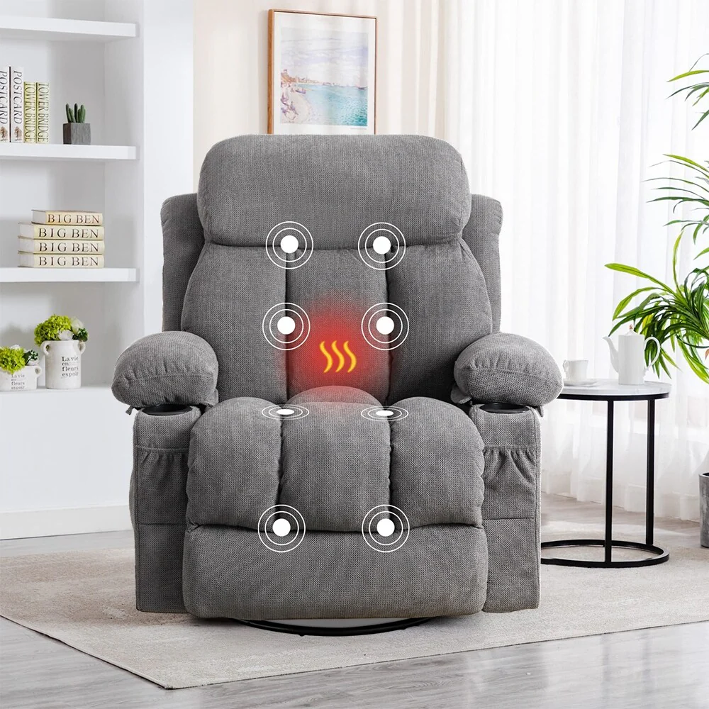 Massage 360 Swivel Rocker Recliner Chair, Heating, Cup Holders, USB
