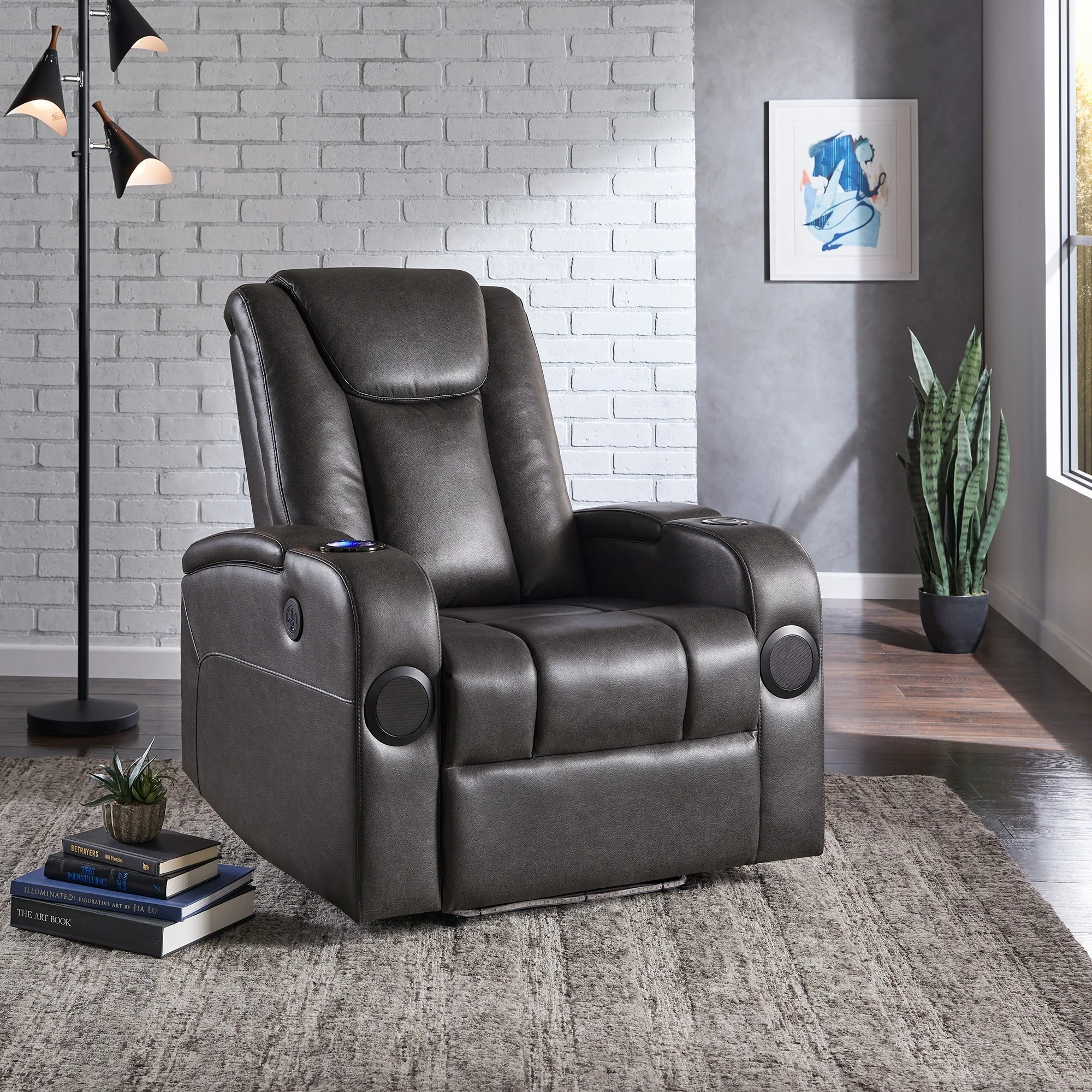 Terlingua Gray Vegan Leather LED Power Recliner with Speaker, Storage, USB and Wireless Charger by iNSPIRE Q Classic