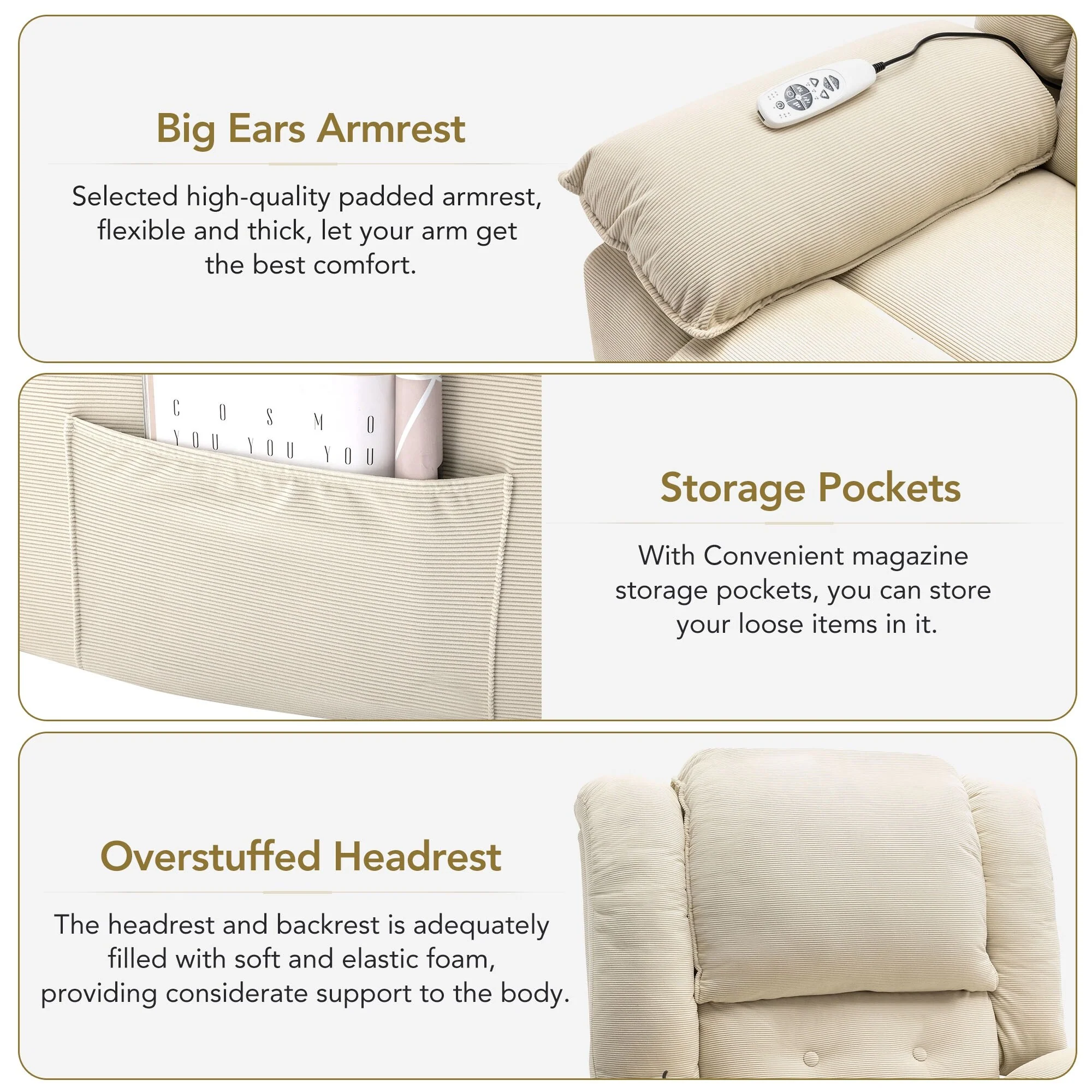 Beige Power Lift Recliner with Massage, Heat, and Adjustable Recline