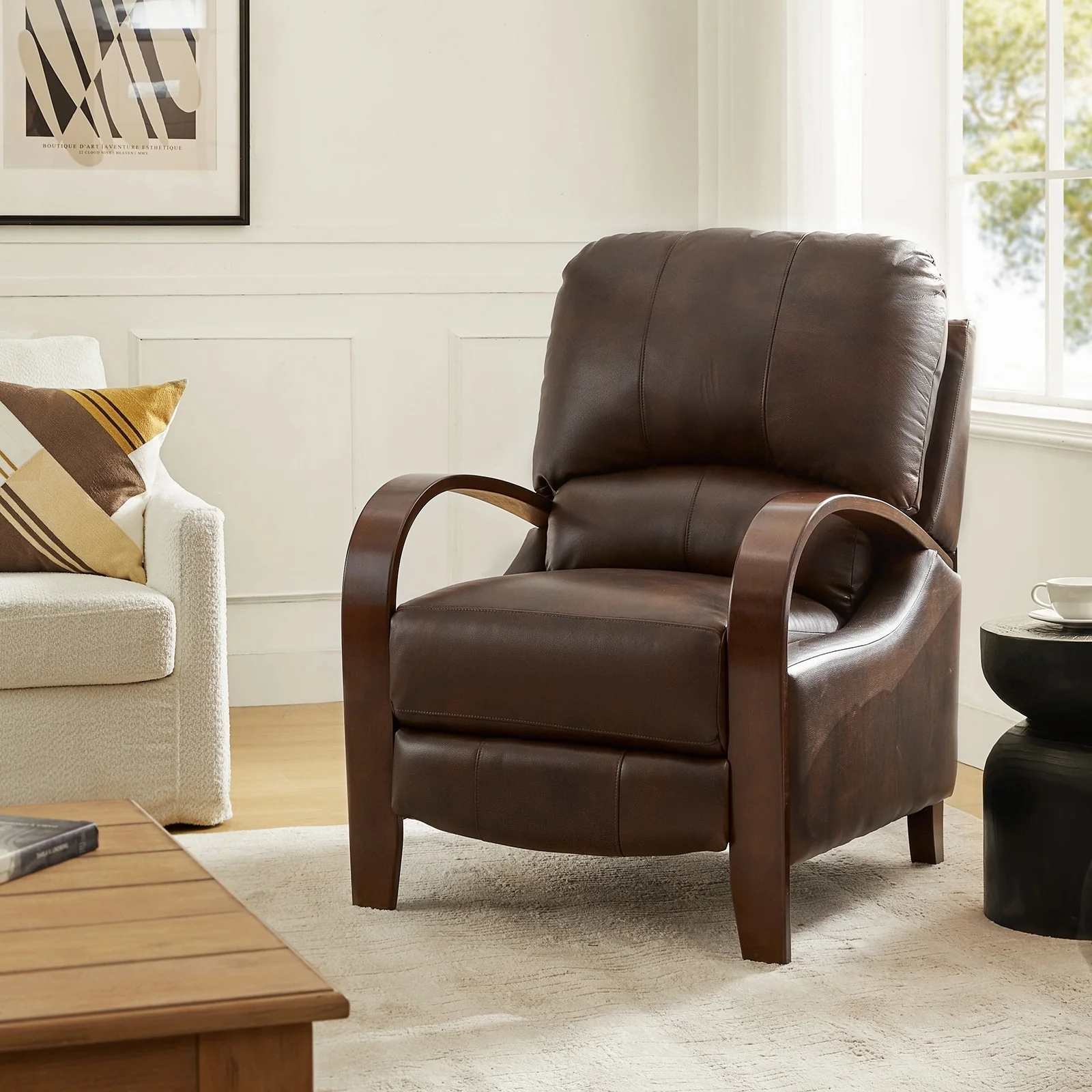 Alex Mid-century Modern Cigar Genuine Leather Manual Recliner with Wooden Curved Arms