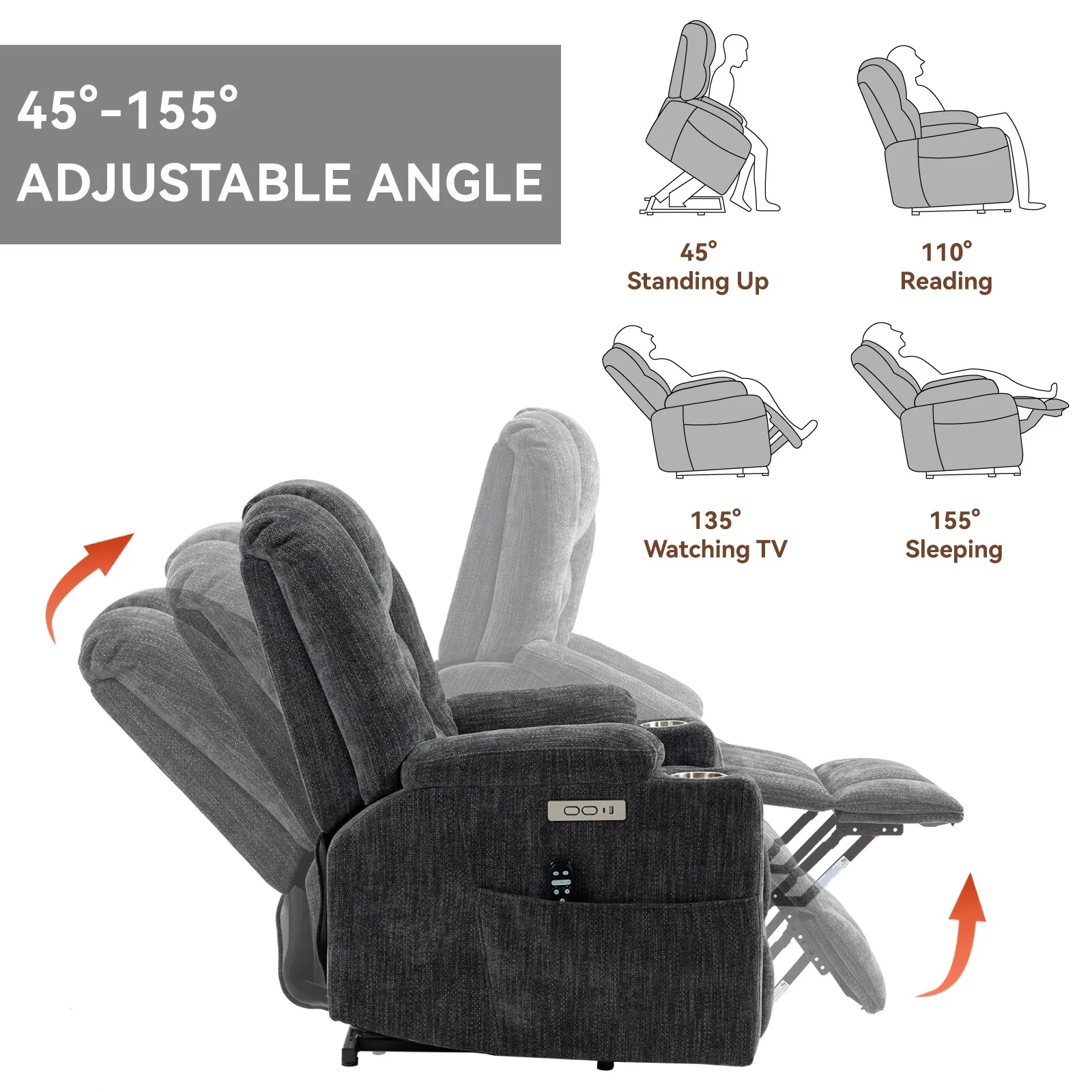 Grey Large Power Lift Recliner with Massage, Heat, USB, and Cup Holders
