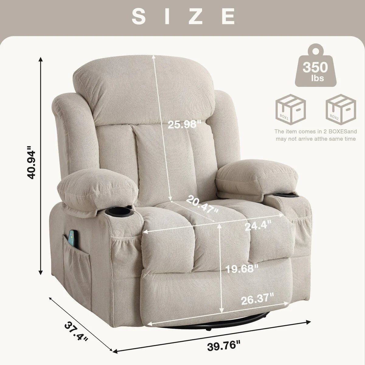 Swinging recliner massage heated sofa, with USB and 2 cup holders in side pockets, PackageA+B (BEIGE )