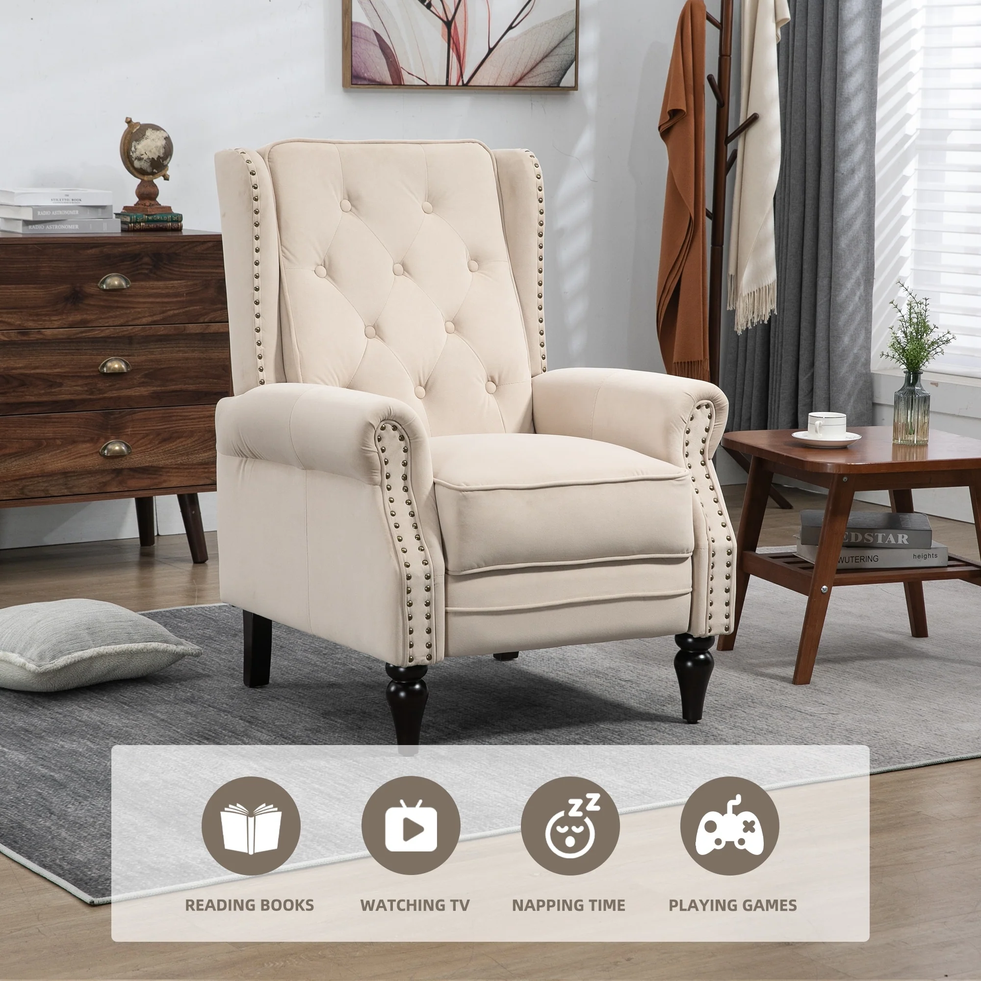 Velvet Upholstered Nailhead Tufted Recliner Chair with Black Legs