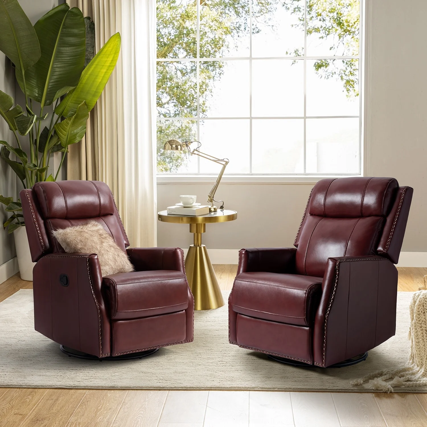 Demeter modern Genuine Leather Swivel Nursery Chair with Nailhead Trims Set of 2 by HULALA HOME