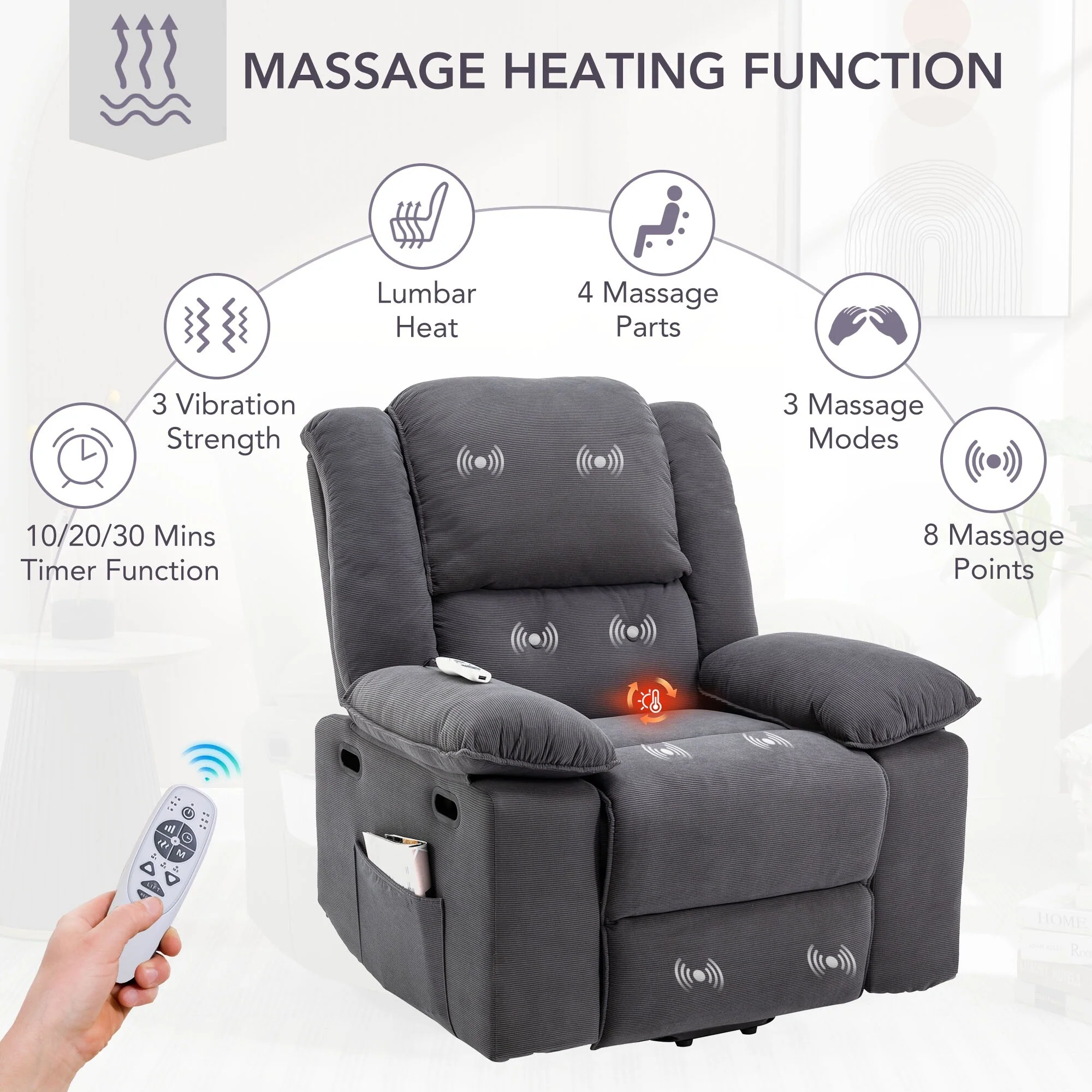 Beige Power Lift Recliner with Massage, Heating, Infinite Recline, Side Pockets, and Retractable Armrests
