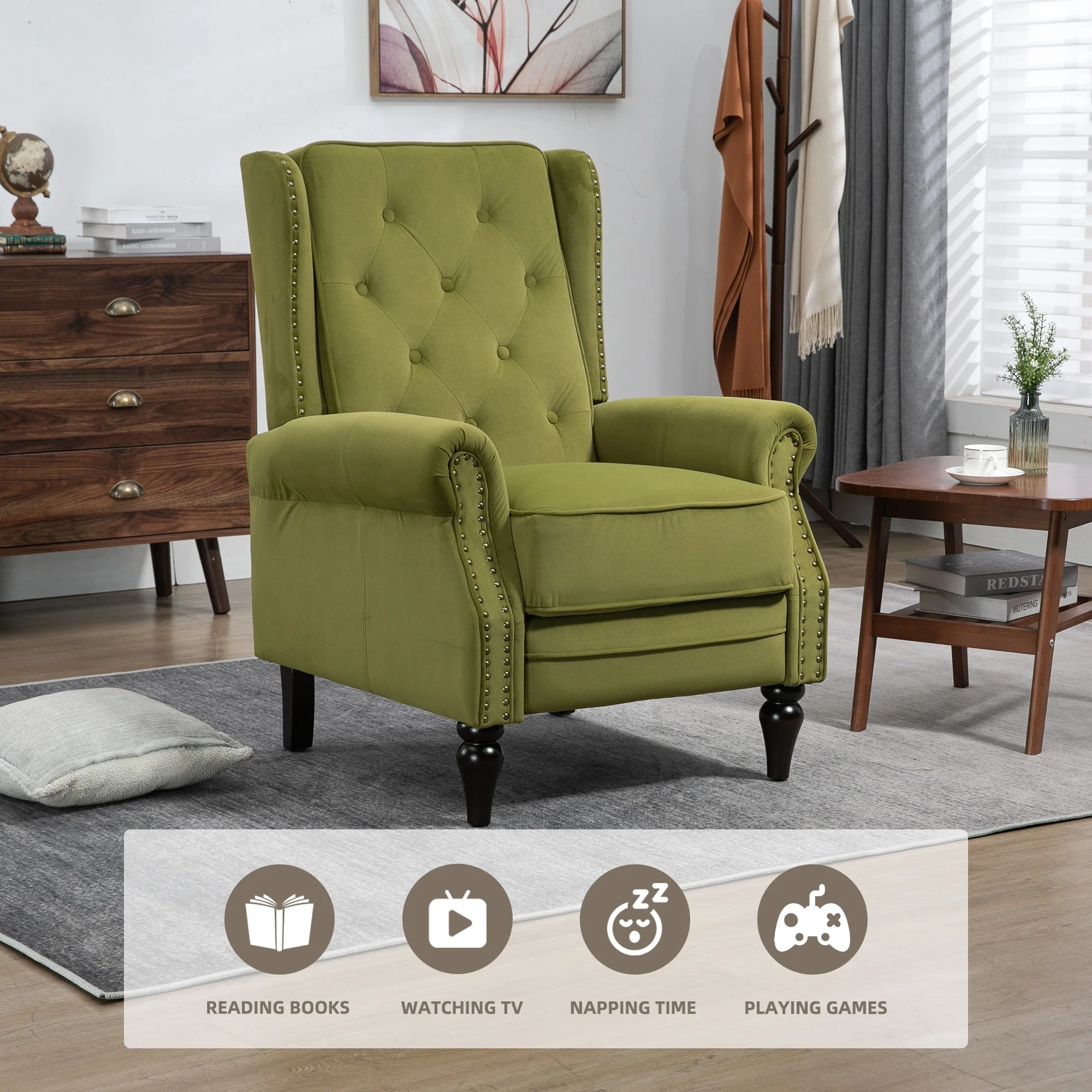 Velvet Upholstered Nailhead Tufted Recliner Chair with Black Legs