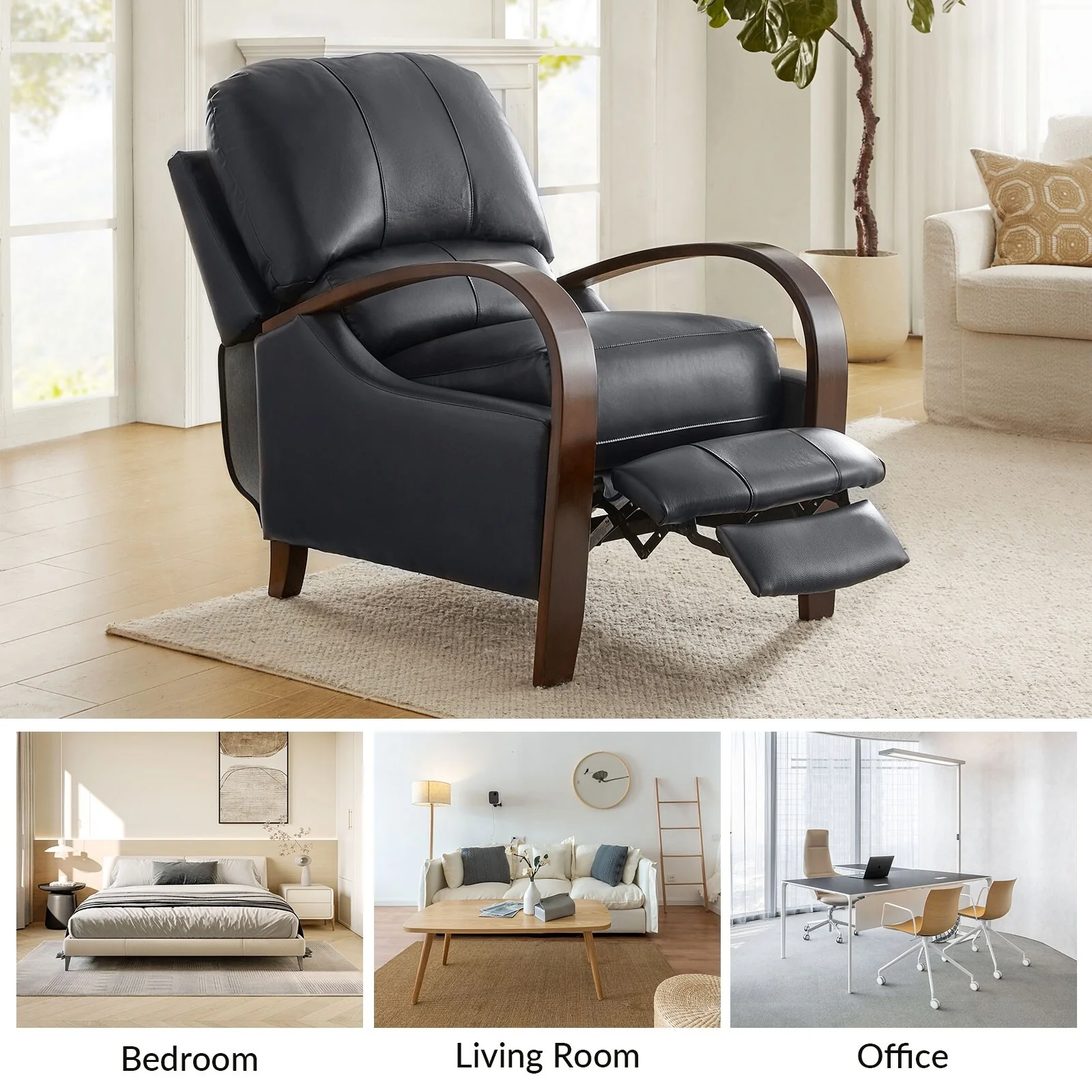 Alex Mid-century Modern Cigar Genuine Leather Manual Recliner with Wooden Curved Arms