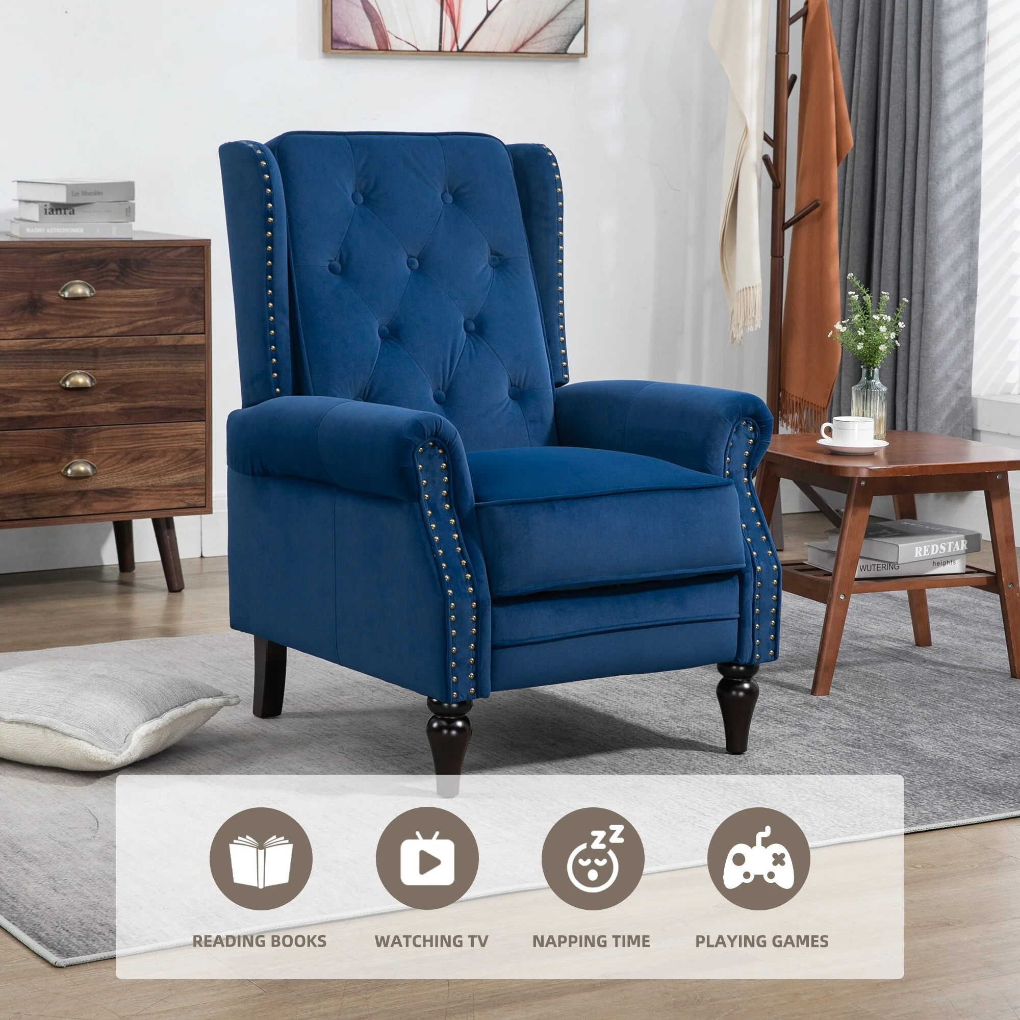 Velvet Upholstered Nailhead Tufted Recliner Chair with Black Legs