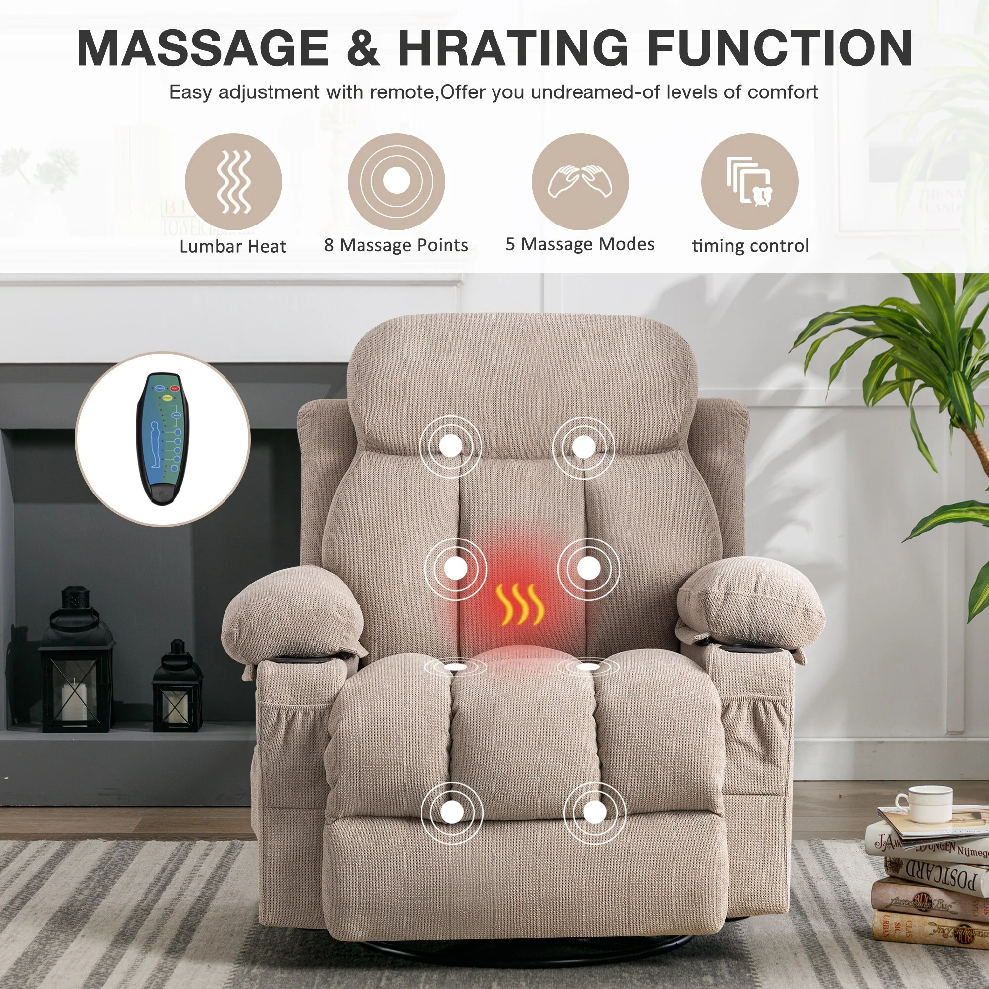 Massage 360 Swivel Rocker Recliner Chair, Heating, Cup Holders, USB
