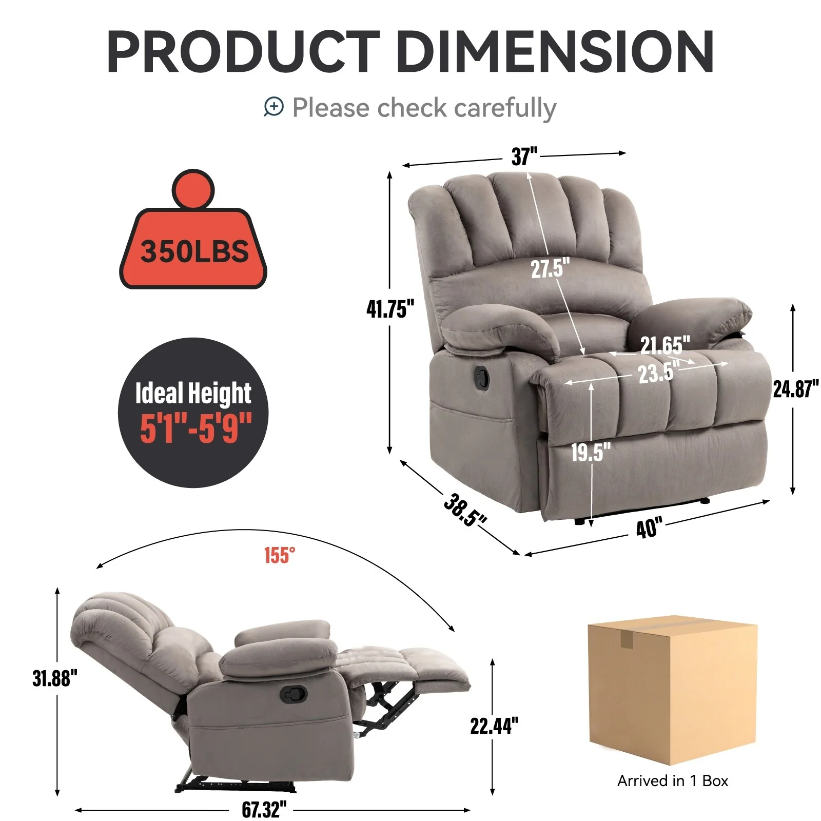 Brown Oversized Manual Recliner with 155�� Recline, Easy Assembly, and Extra-Large Design for Your Living Room