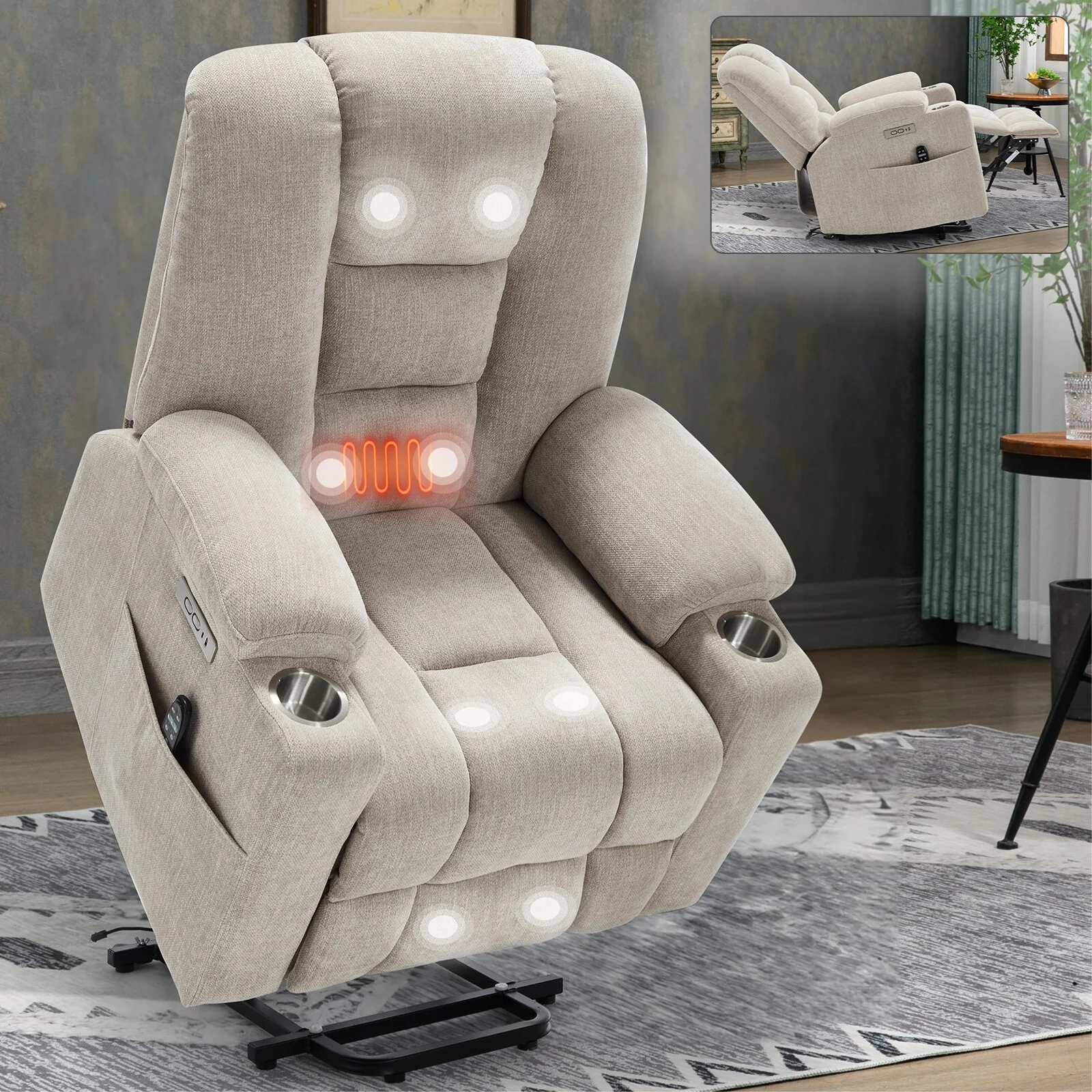 Power Lift Recliner Chair with Dual USB, Cup Holders & Chenille Fabric