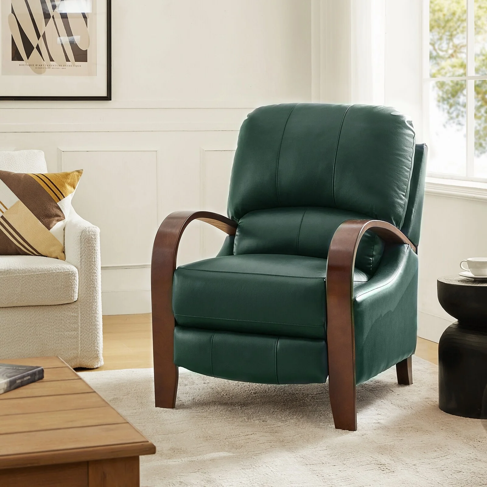 Alex Mid-century Modern Cigar Genuine Leather Manual Recliner with Wooden Curved Arms