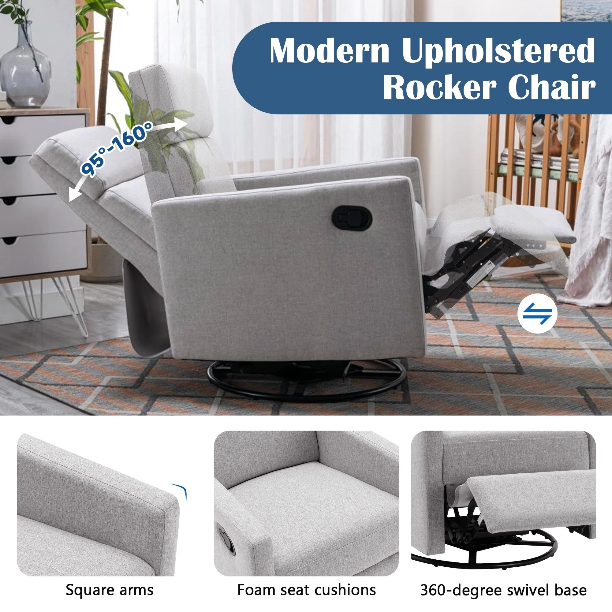 Roomfitters Modern Upholstered Rocker Nursery Chair, Plush Seating Glider Swivel Recliner Chair