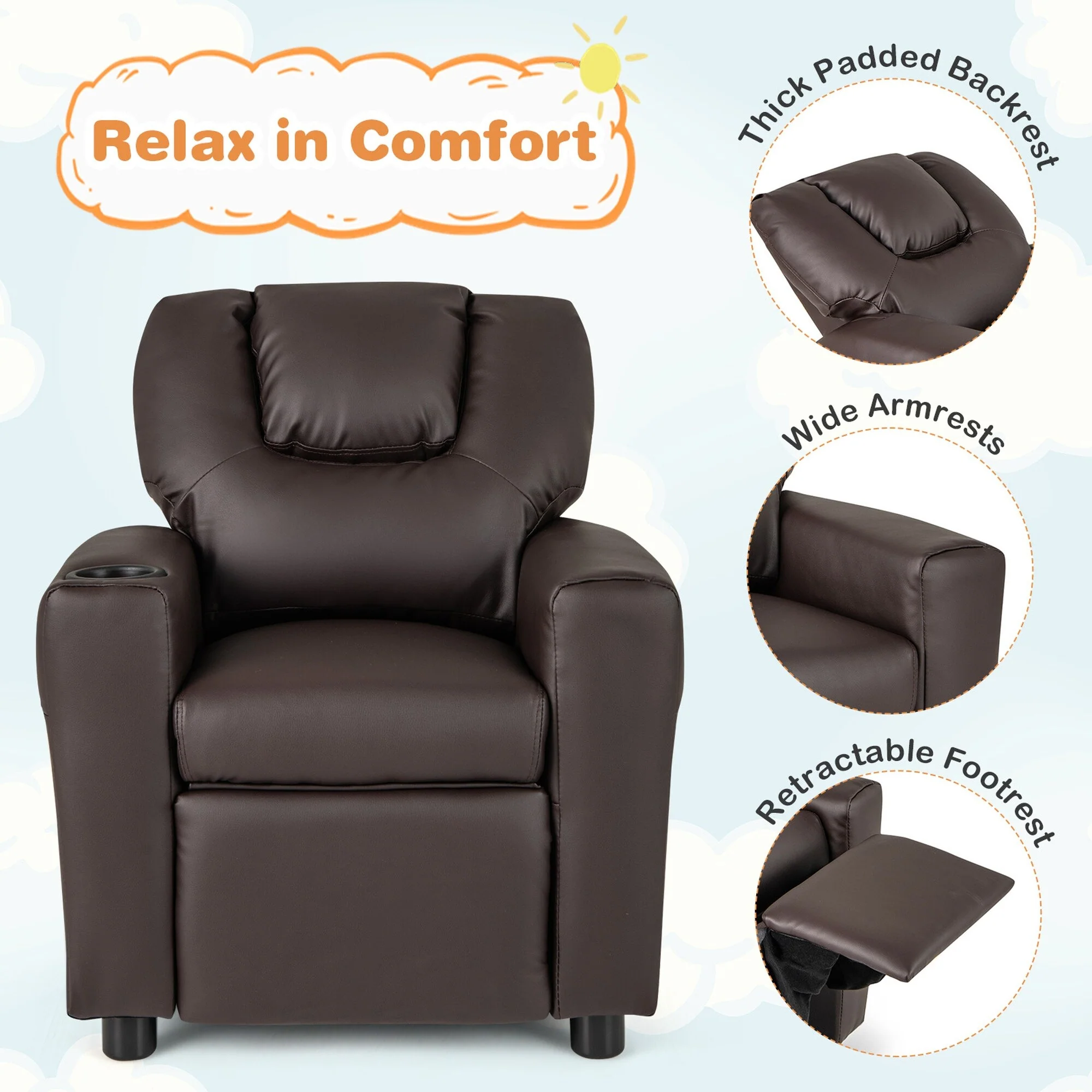 Costway Kids Recliner Chair with Cup Holder  Side Pocket Adjustable