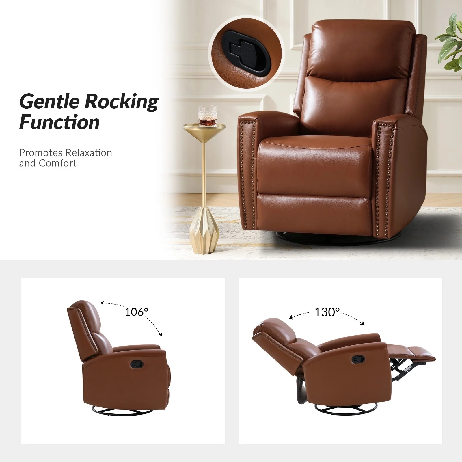 Fiacro 30.31Wide Modern Genuine Leather Wingback Swivel Rocker Recliner with Nailhead Trims