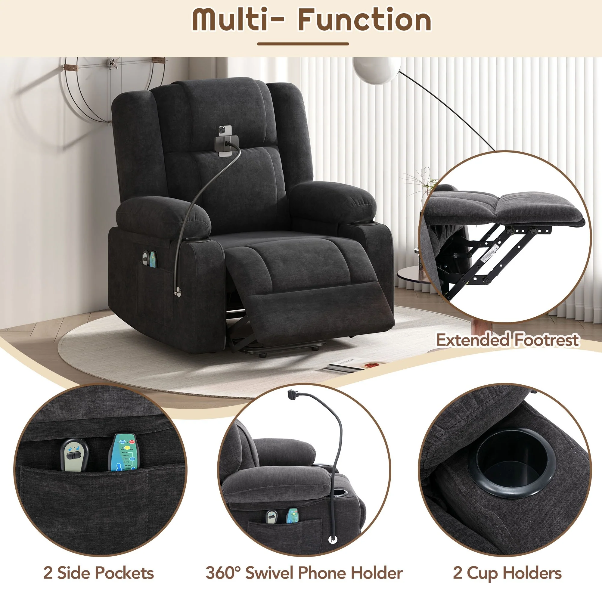 Electric Power Lift Recliner with Massage, Heat, Cup Holders, and Swivel