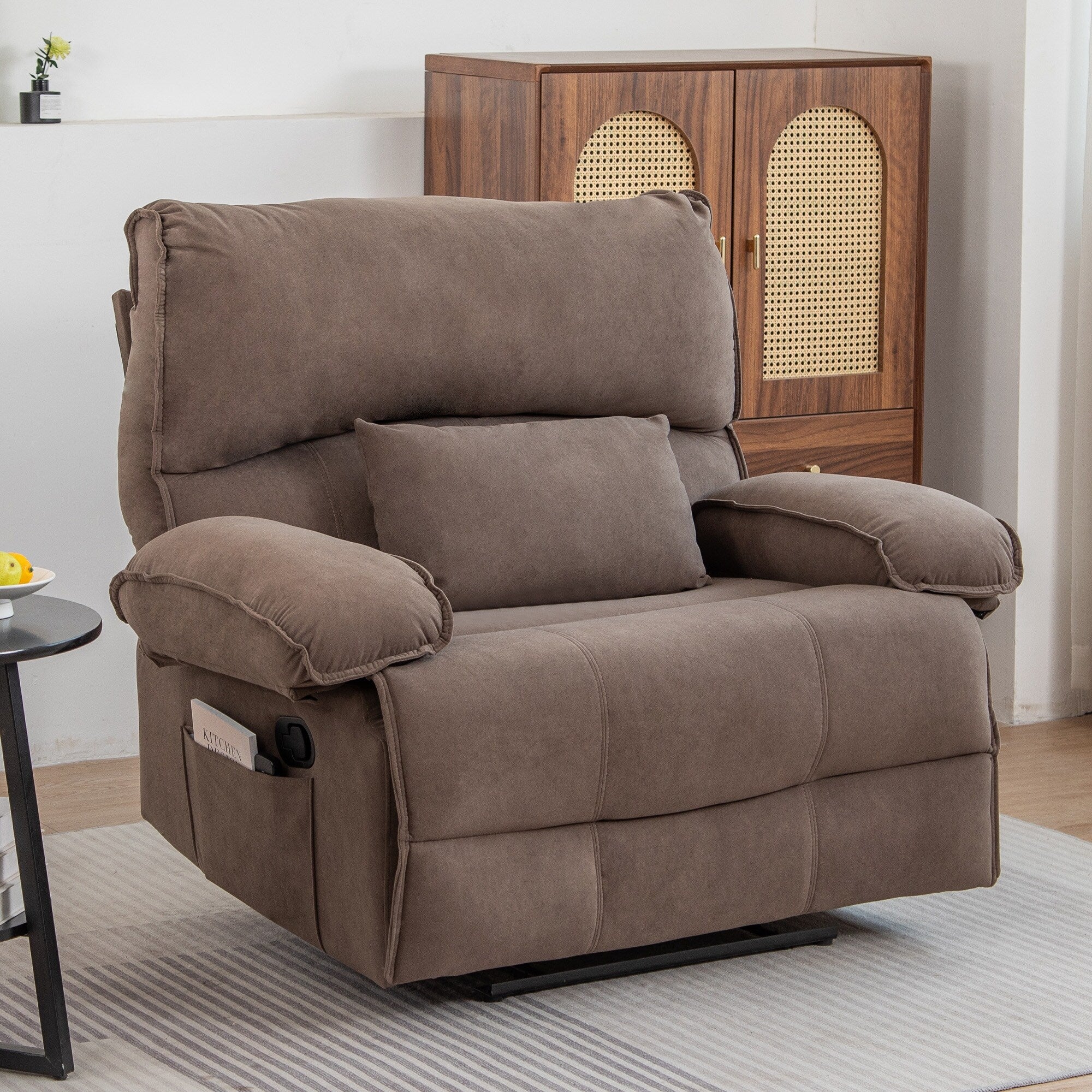 Grey Extra-Wide Push-Back Recliner with Heated Massage Pillow, Soft Fleece Fabric Upholstery