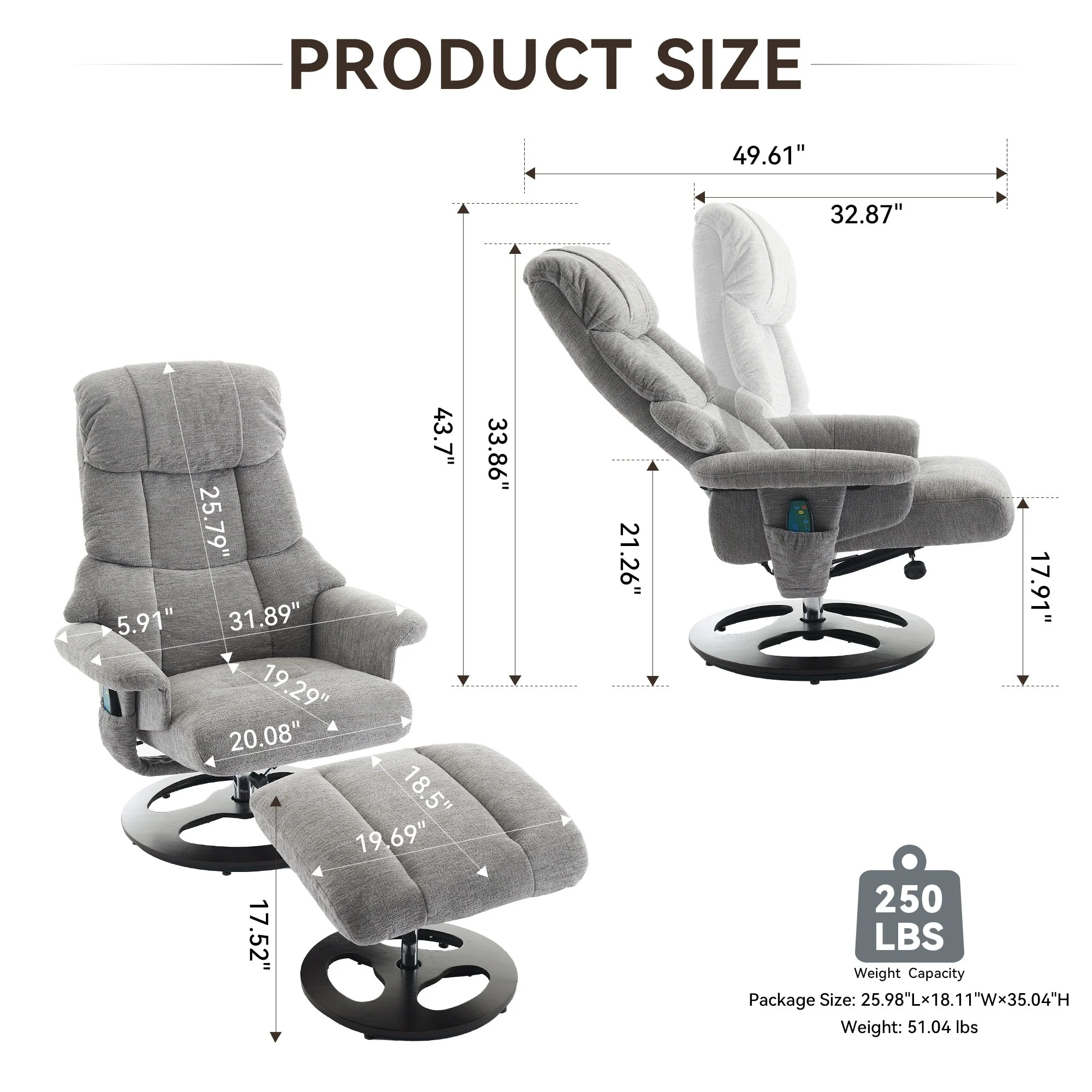 Chenille 360�� Swivel Massage Recliner Chair with Ottoman, Massage and Heated Seat