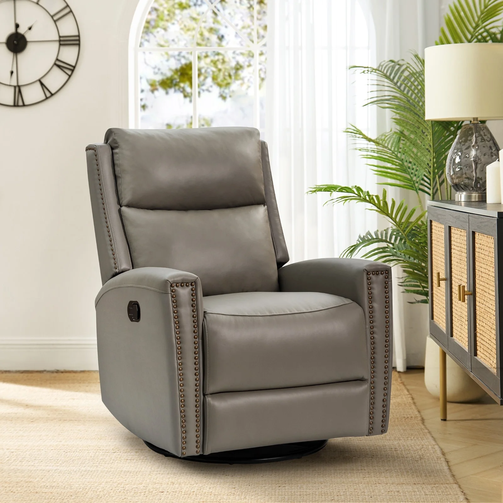 Fiacro 30.31Wide Modern Genuine Leather Wingback Swivel Rocker Recliner with Nailhead Trims