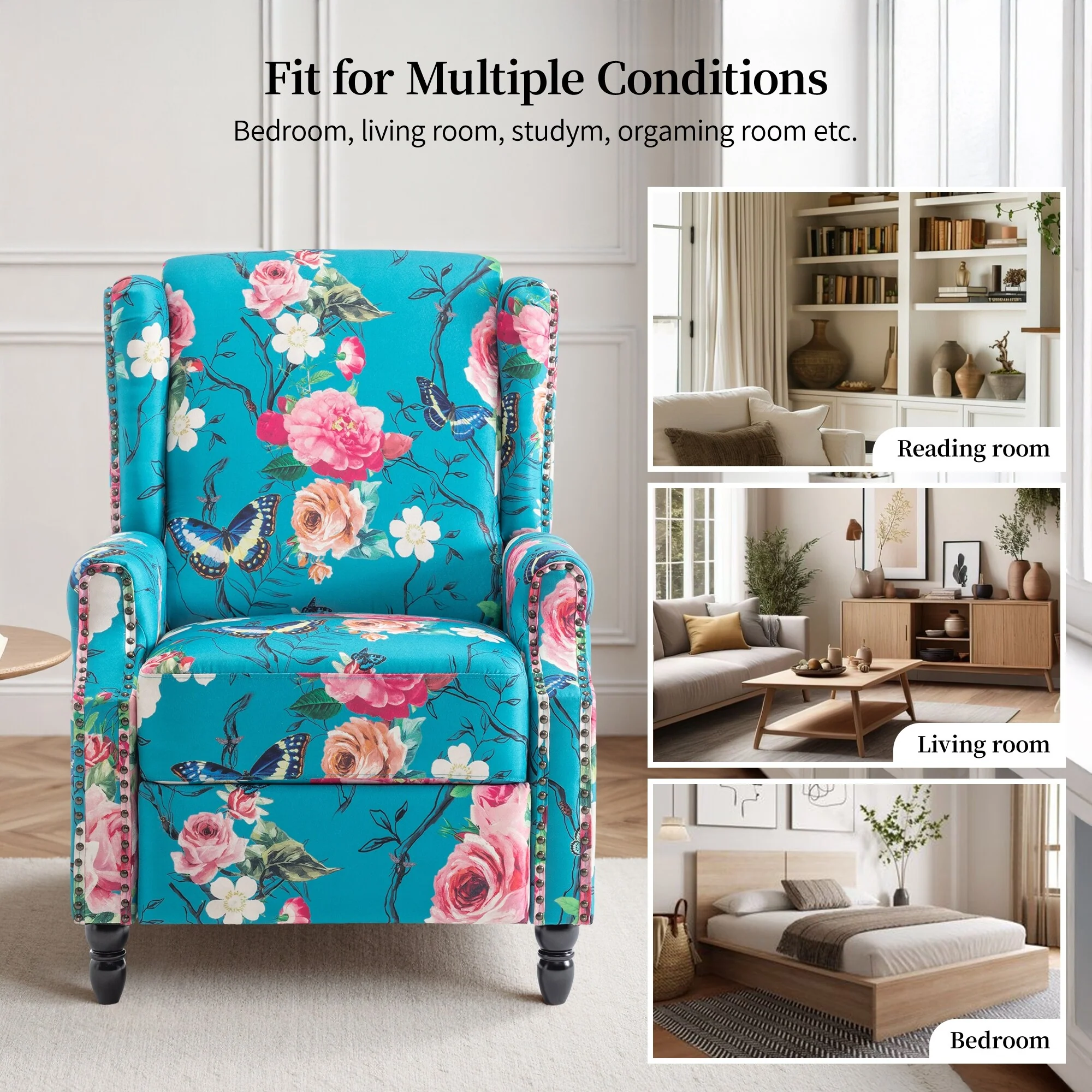 Linen Manual Upholstered Recliner with Wood Legs