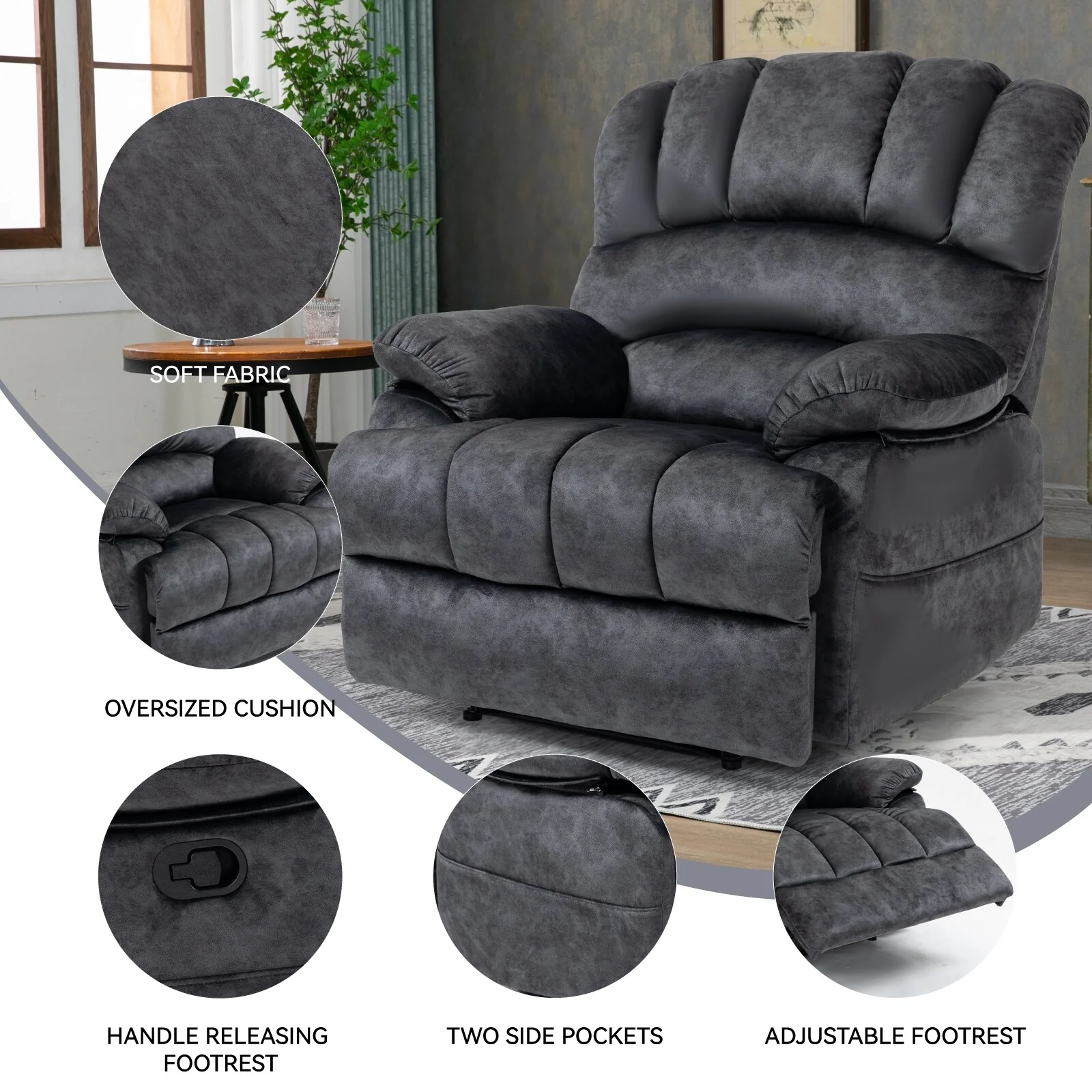 Fabric Large Manual Recliner Chair with Adjustable Backrest and Footstool