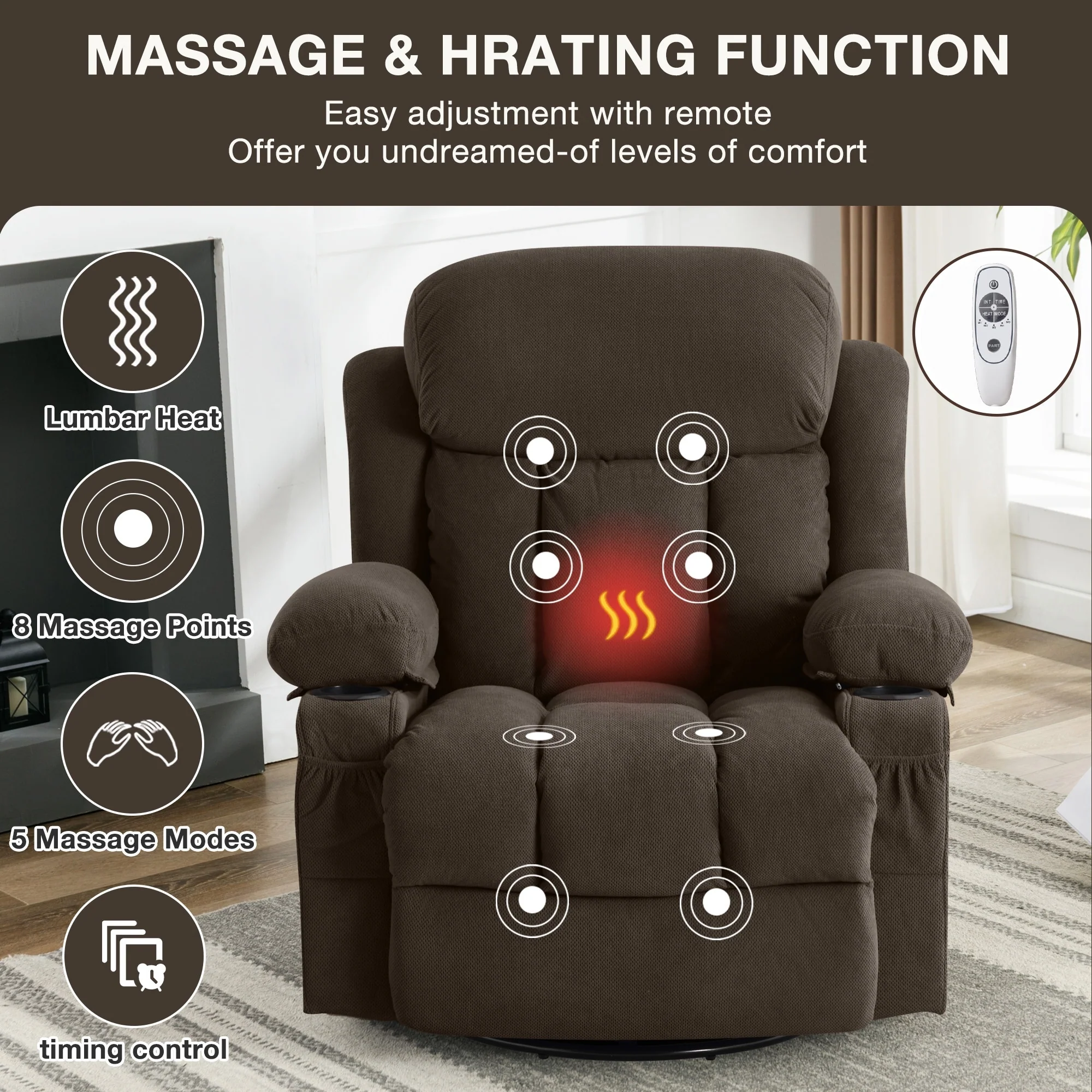 Swinging Recliner Massage Heated Sofa, With Usb And 2 Cup Holders In Side Pockets